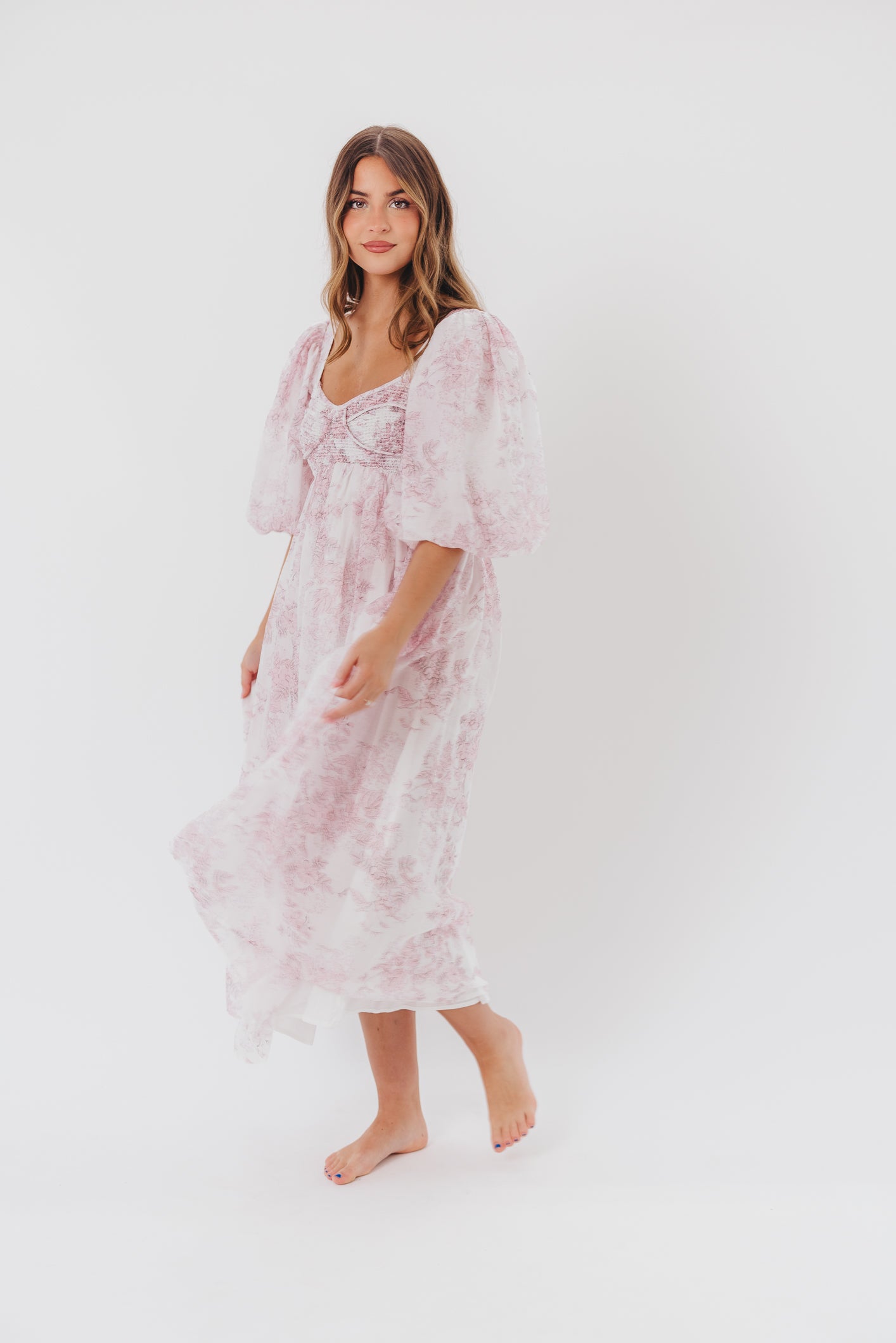 Harlow Midi Dress - Light Pink Floral Print, Bump Friendly Maternity Dress, Inclusive Sizing (S-3XL) for Pregnancy, Baby Shower & Special Occasions