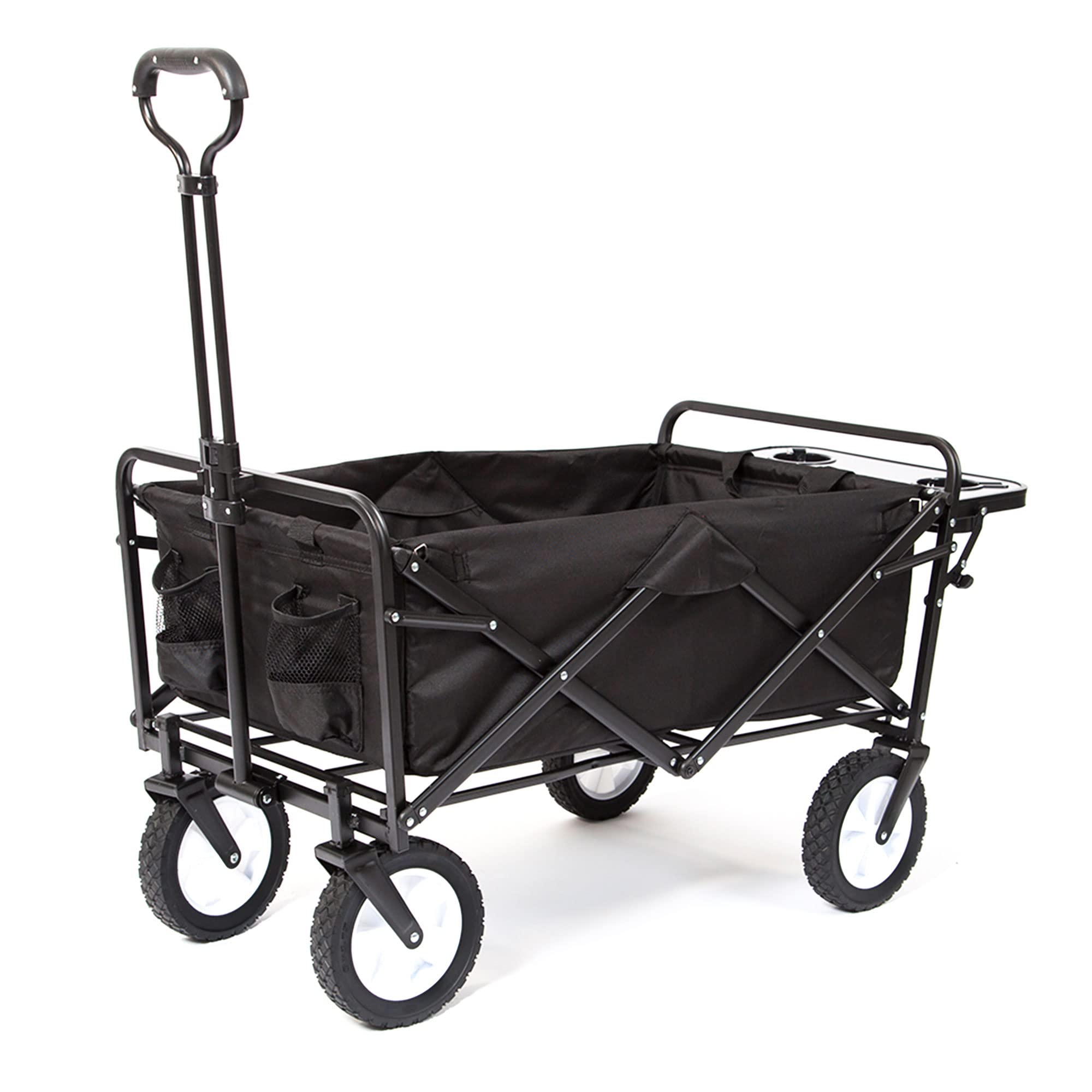 MacSports Collapsible Outdoor Utility Wagon with Folding Table & Drink Holders - Heavy Duty Folding Cart for Camping, Beach, Picnic, Grocery Shopping - Black