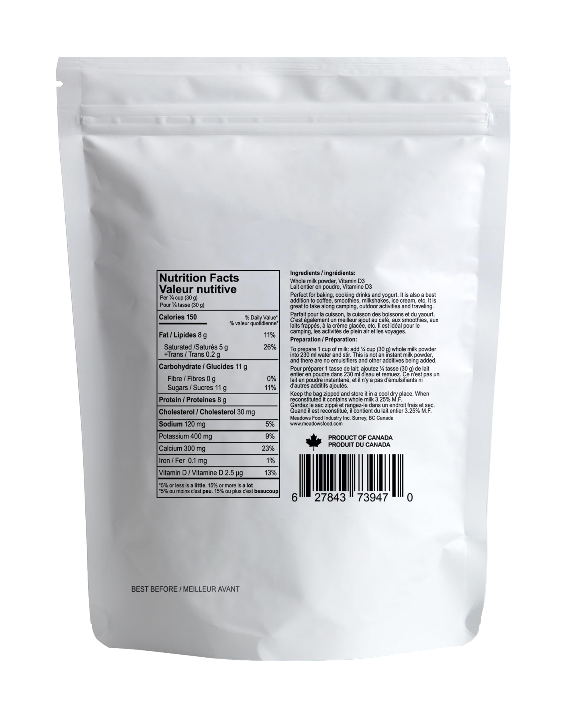 Organic Whole Milk Powder from Canada - 500g, rBGH & rBST Free, Antibiotic Free | Perfect for Baking, Coffee Creamer & Baby Formula
