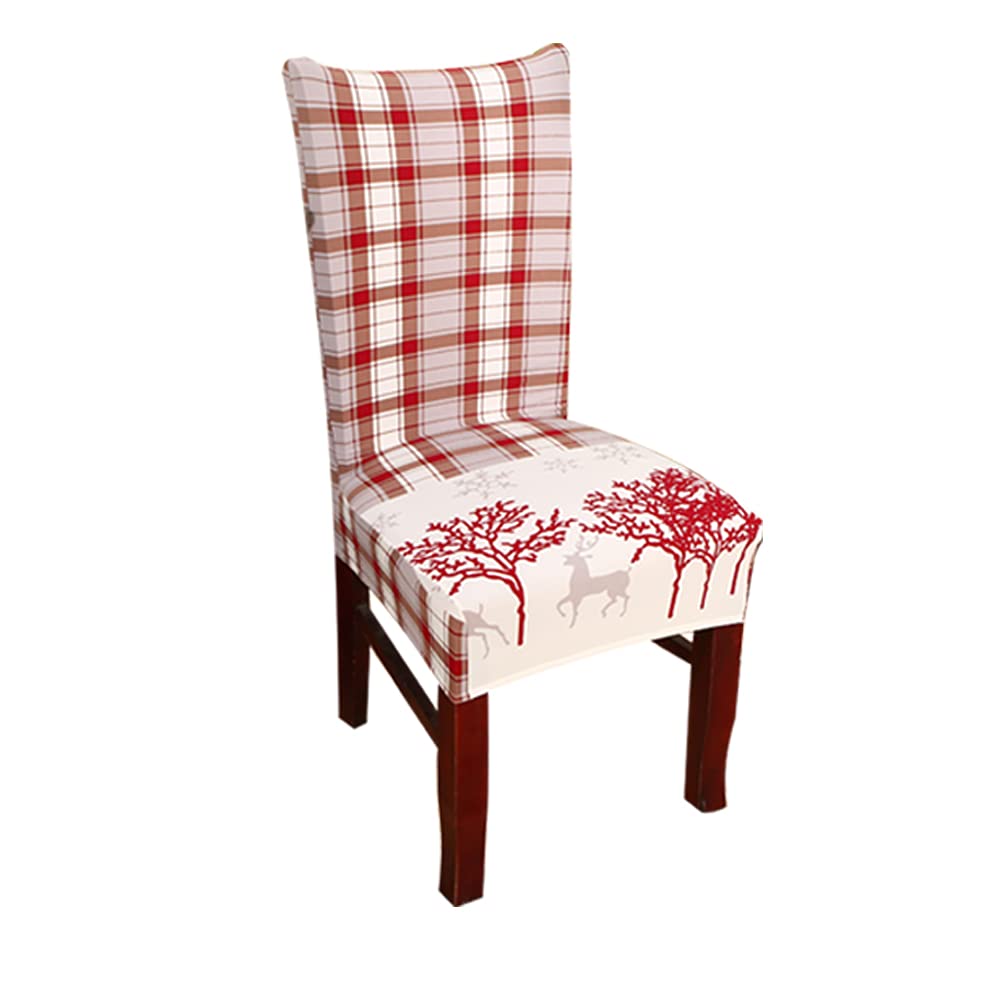 Christmas Chair Covers - Stretchable Washable Slipcovers for Dining Room, Home & Hotel Use - Snowflake Elk Tree Buffalo Plaid Design - White Set of 6 - Perfect for Holiday Decorations, Parties & Winter Weddings