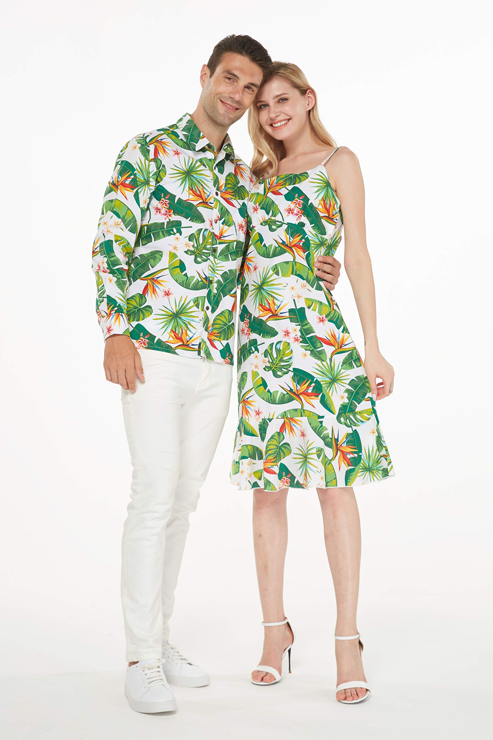 Matching Couple Hawaiian Luau Cruise Outfit - Tropical Shirt & Mermaid Dress Set in Classic White | Perfect for Beach Vacations, Cruise Parties & Summer Getaways