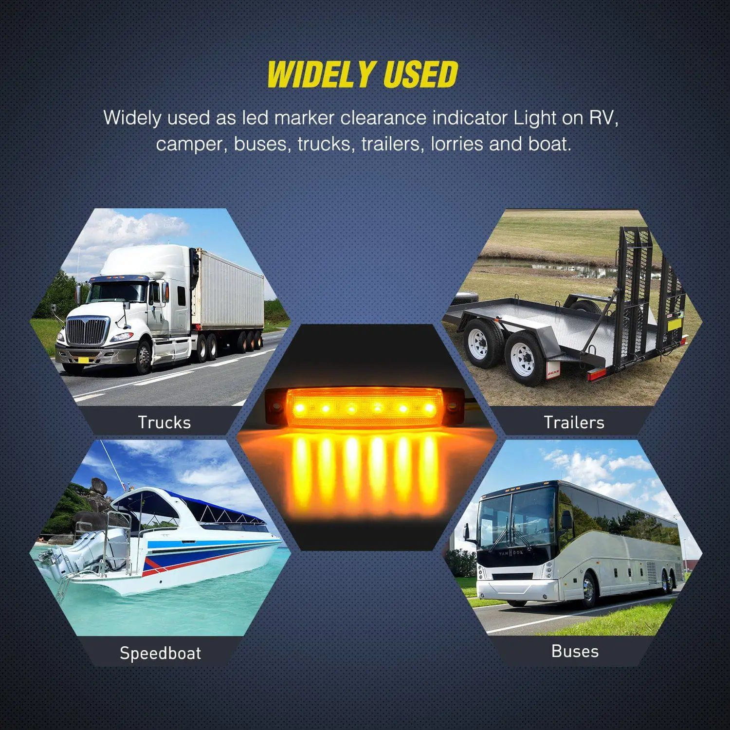 3.8 Inch 6 LED Amber Side Marker Lights - 10 Pack for Trucks, Trailers & RVs - Waterproof & Durable for Road Safety & Night Visibility