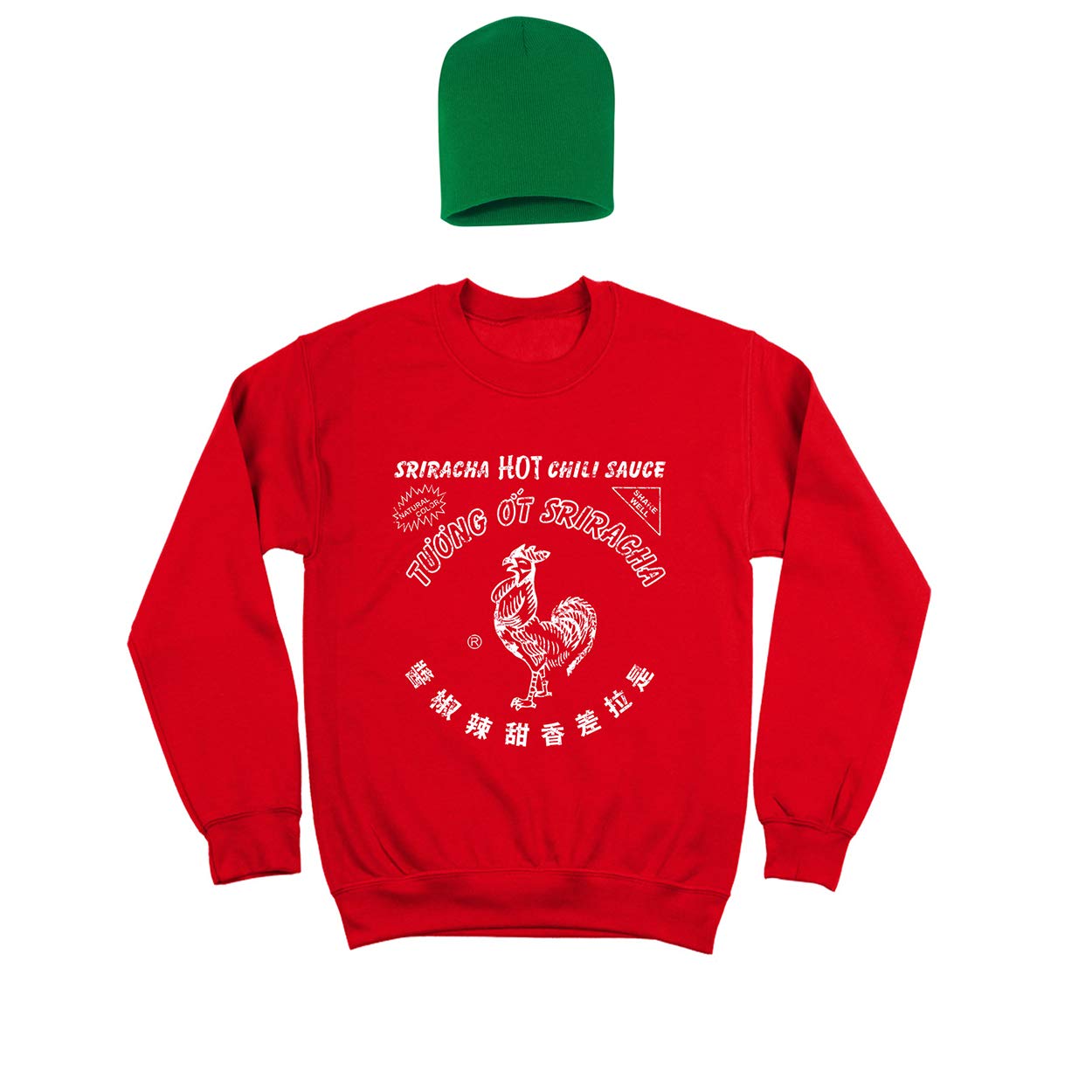 USA Direct Sriracha Hot Chili Sauce Bottle Costume Outfit With Hat - Men's Funny Novelty Sweatshirt for Halloween, Cosplay & Themed Parties