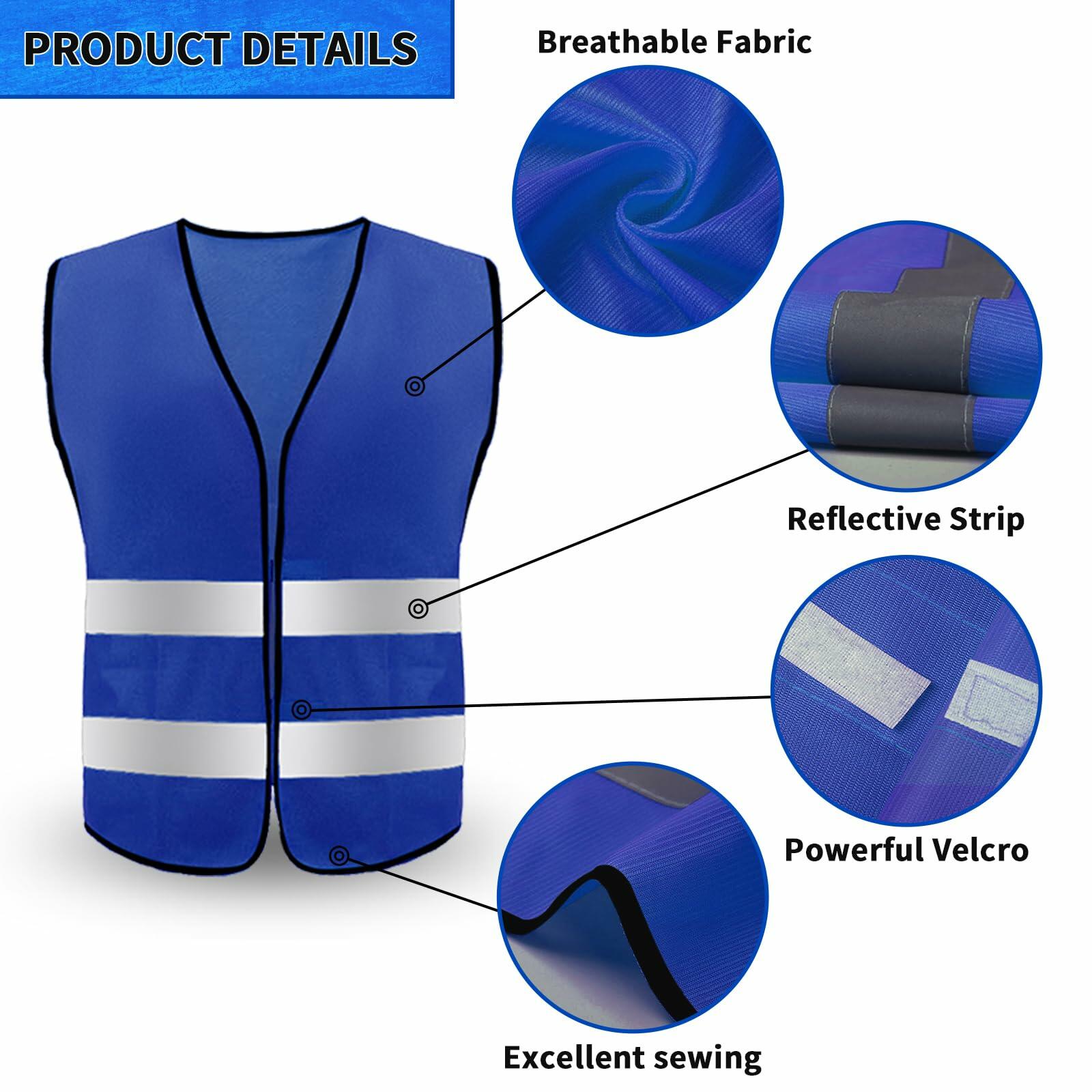 15 Pcs High Visibility Safety Vests with Reflective Strips - ANSI Certified Work Safety Gear for Construction, Road Workers & Night Running (Blue)