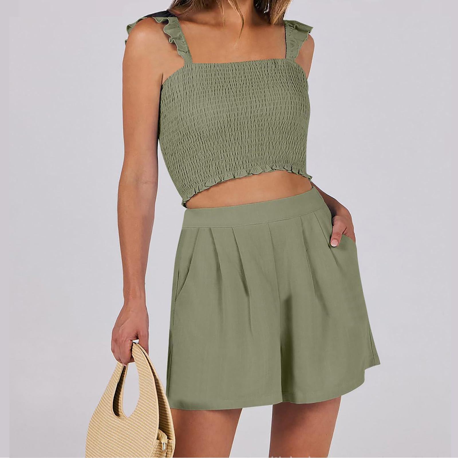 2 Piece Ruffle Summer Outfits for Women | Casual Soft Lounge Matching Sets | Smocked Crop Top & Pants | 2024 Solid Color | Perfect for Beach Vacations, Date Nights & Summer Parties
