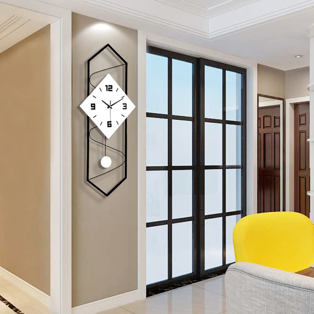 Modern Silent Pendulum Wall Clock - Metal & Solid Wood Decor for Living Room, Bedroom, Office - Black & White | Perfect for Home Decor, Office Spaces & Gift Giving