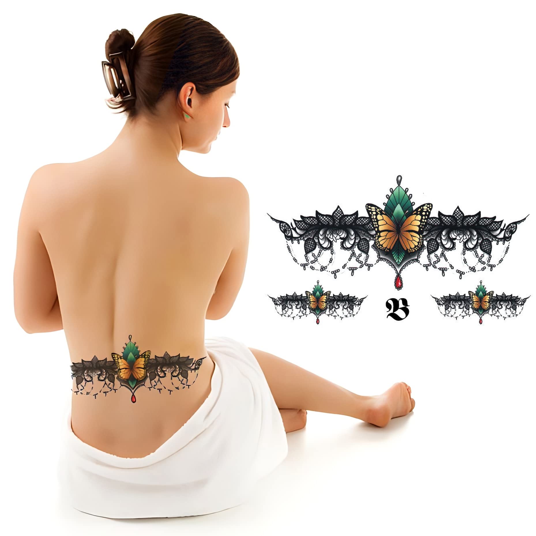 Waterproof Butterfly & Black Lace Temporary Tattoos for Chest, Waist, Back - 24x14cm Fake Tattoo Stickers for Men & Women - Perfect for Parties, Halloween, Cosplay & Body Art
