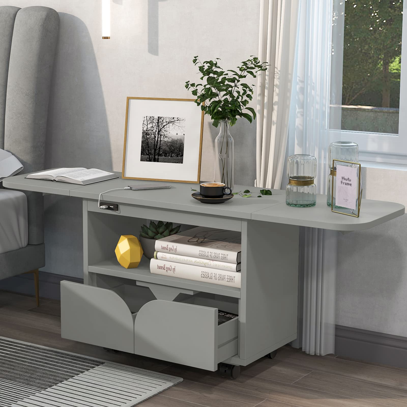 Foldable Nightstand with Wireless Charging & 2 Drawers - Modern Bedside Table for Bedroom, Living Room, Entryway | Space-Saving Storage Solution for Small Spaces & Apartment Living (Grey)
