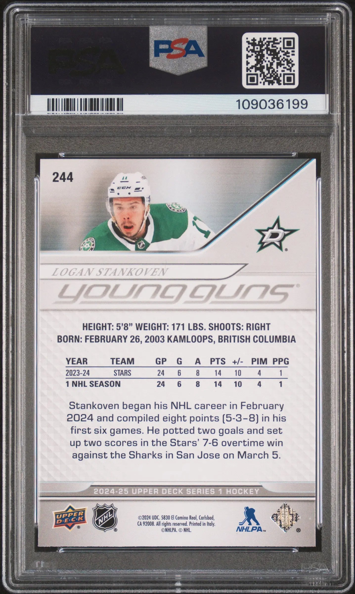 2024-25 Upper Deck Series 1 Logan Stankoven Young Guns Rookie Card PSA 8 - Perfect for Hockey Card Collectors & NHL Fans