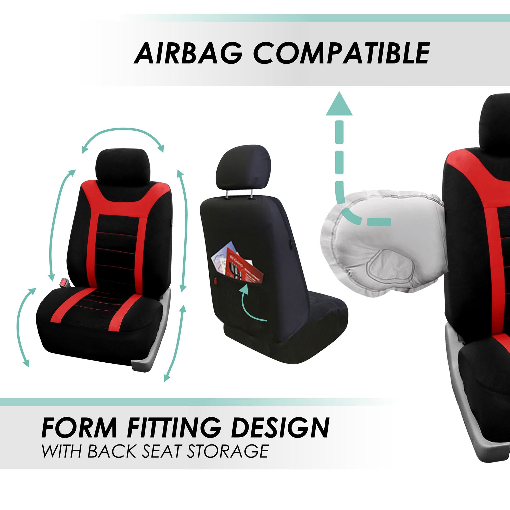 FH Group Universal Fit Car Seat Covers Full Set - Sports Style Red Automotive Seat Protectors | Airbag Compatible & Split Rear Design | Interior Accessories for Cars, Trucks, SUVs | Perfect for Daily Commute, Road Trips & Family Protection
