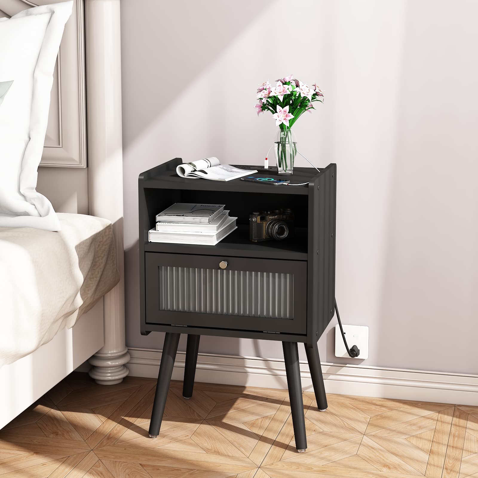 Mid Century Modern Nightstand with USB Charging Station - Bedside Table with Glass Decorative Door & 2-Tier Storage - End Table for Bedroom, Living Room, Office - Black Wood Nightstand for Phone Charging & Home Decor