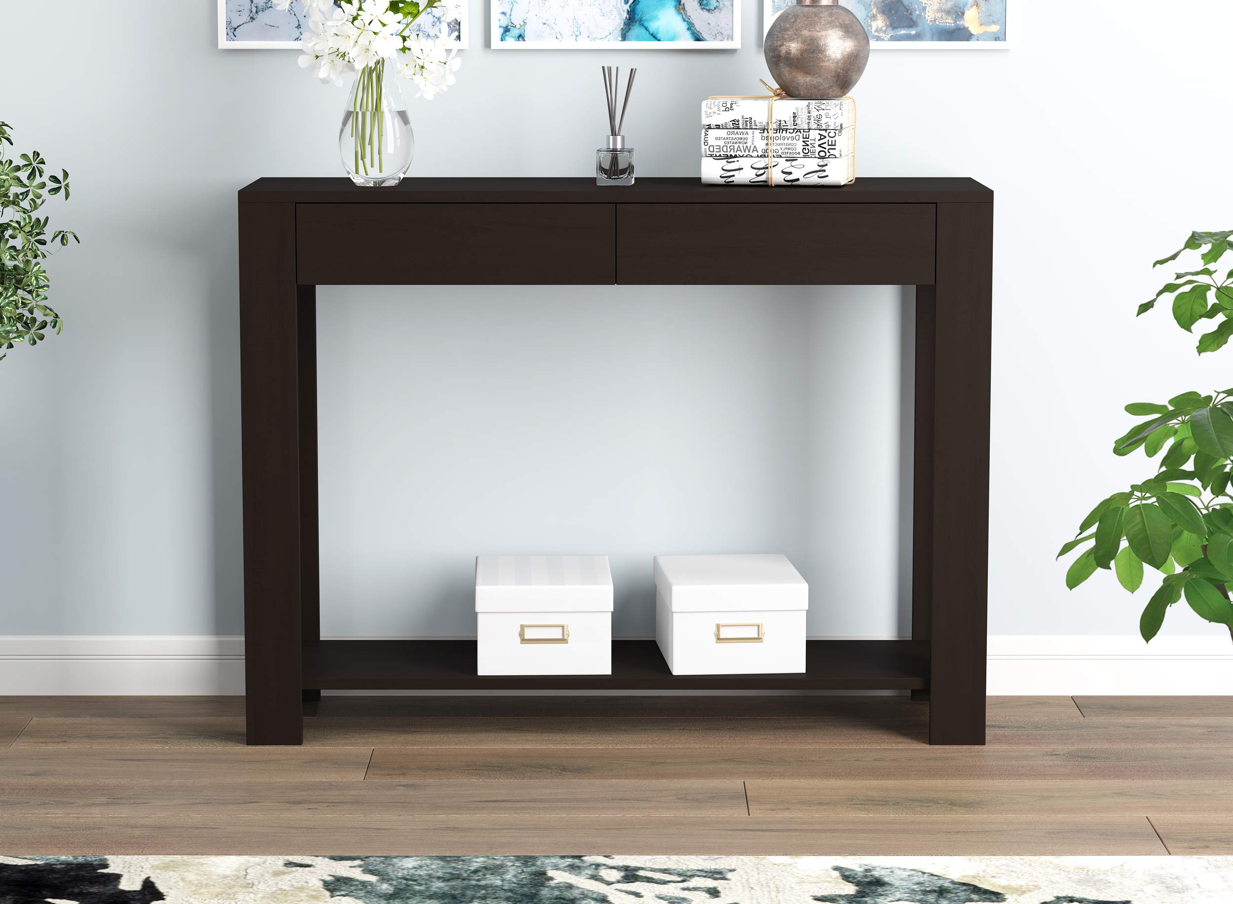 Safdie & Co. Cappuccino Console Table with Shelf & Drawers - 40 x 12 x 30 Inch Brown Hallway Table - Perfect for Entryway, Foyer Decor, Living Room Accent Furniture, or as a Narrow Desk for Small Spaces