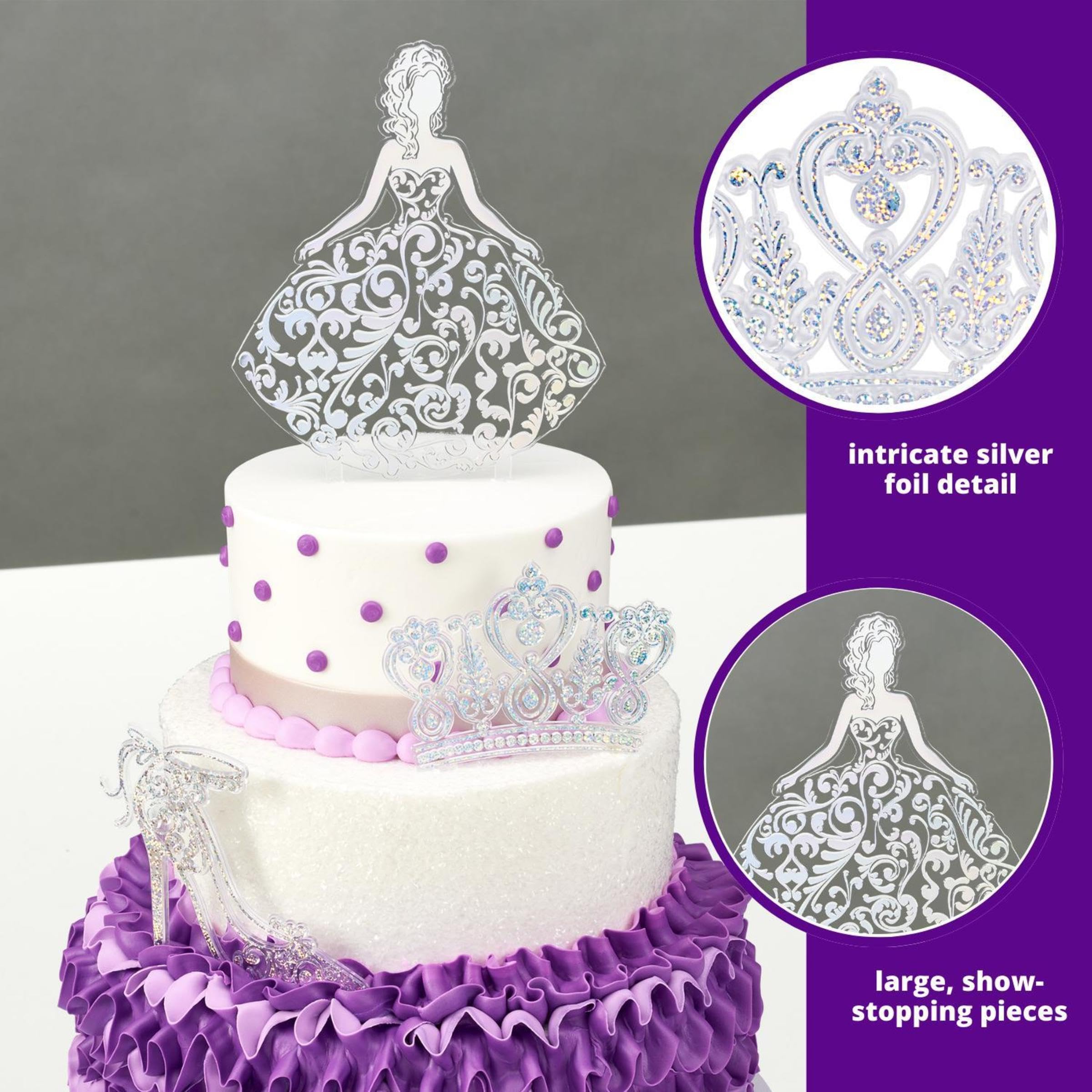 DecoPac Quinceanera Cake Topper Set - 3-Piece Glitter Silver Cake Decorations for Sweet 15 Birthday Parties & Special Celebrations