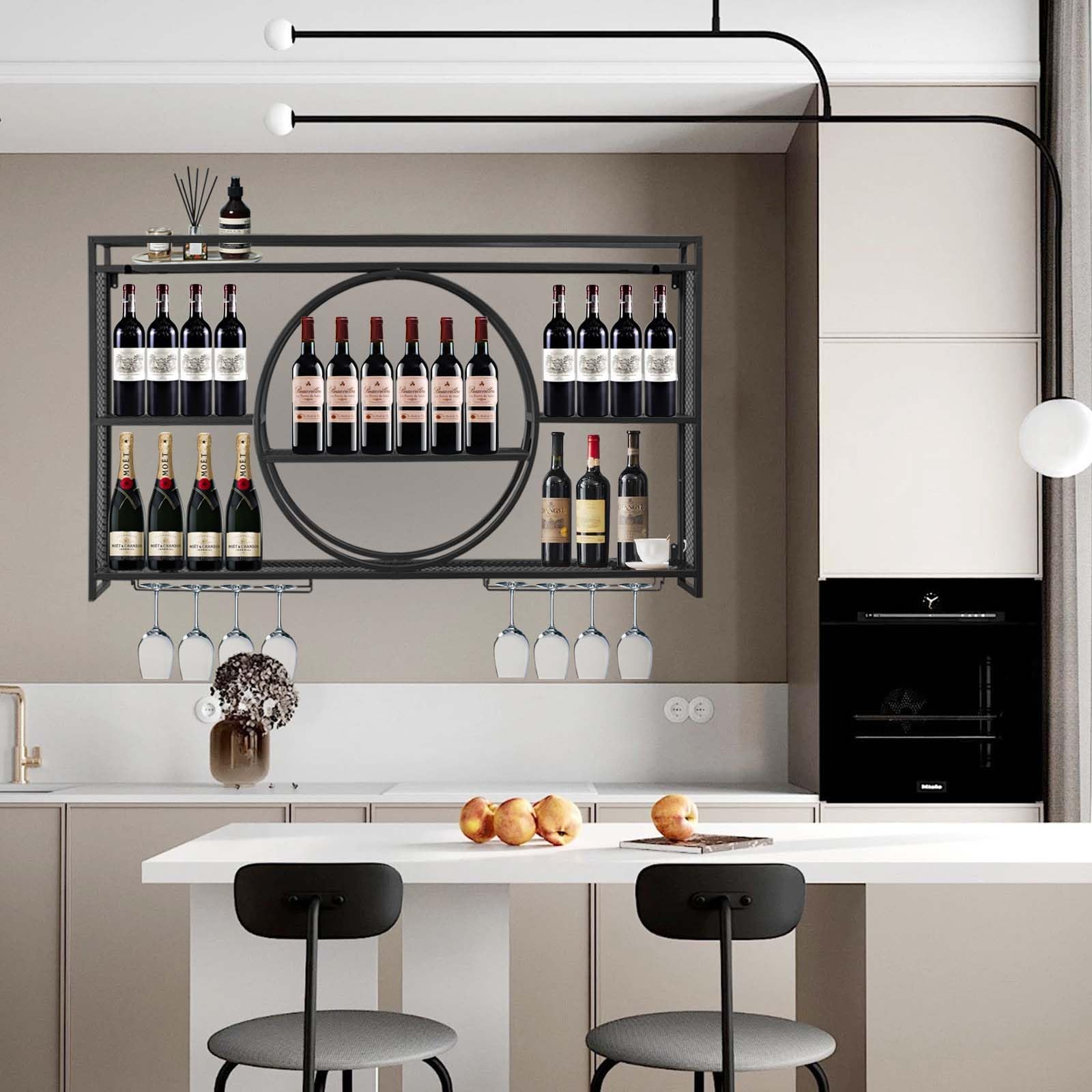 Wall Mounted Wine Rack - 3 Tier Large Capacity Iron Wine Glass Display & Storage with Cup Holder for Home, Restaurant, Bar - Perfect for Kitchen, Dining Room & Entertaining Areas (Black, 47.2x5.9x31.5 inches)