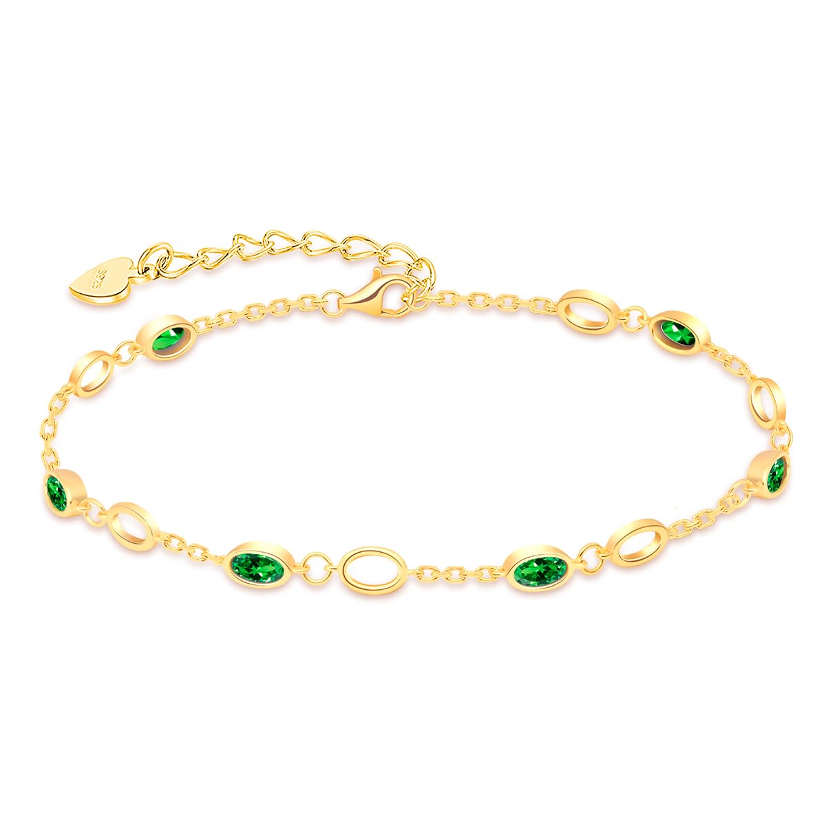 RIVIKO 925 Sterling Silver Gold Plated Birthstone Charm Bracelet for Women - Adjustable Dainty Link Bracelet, Anniversary Valentine's Christmas Birthday Gift for Her, Mom, Wife, Friend | Perfect for Everyday Wear, Special Occasions & Thoughtful Gifting