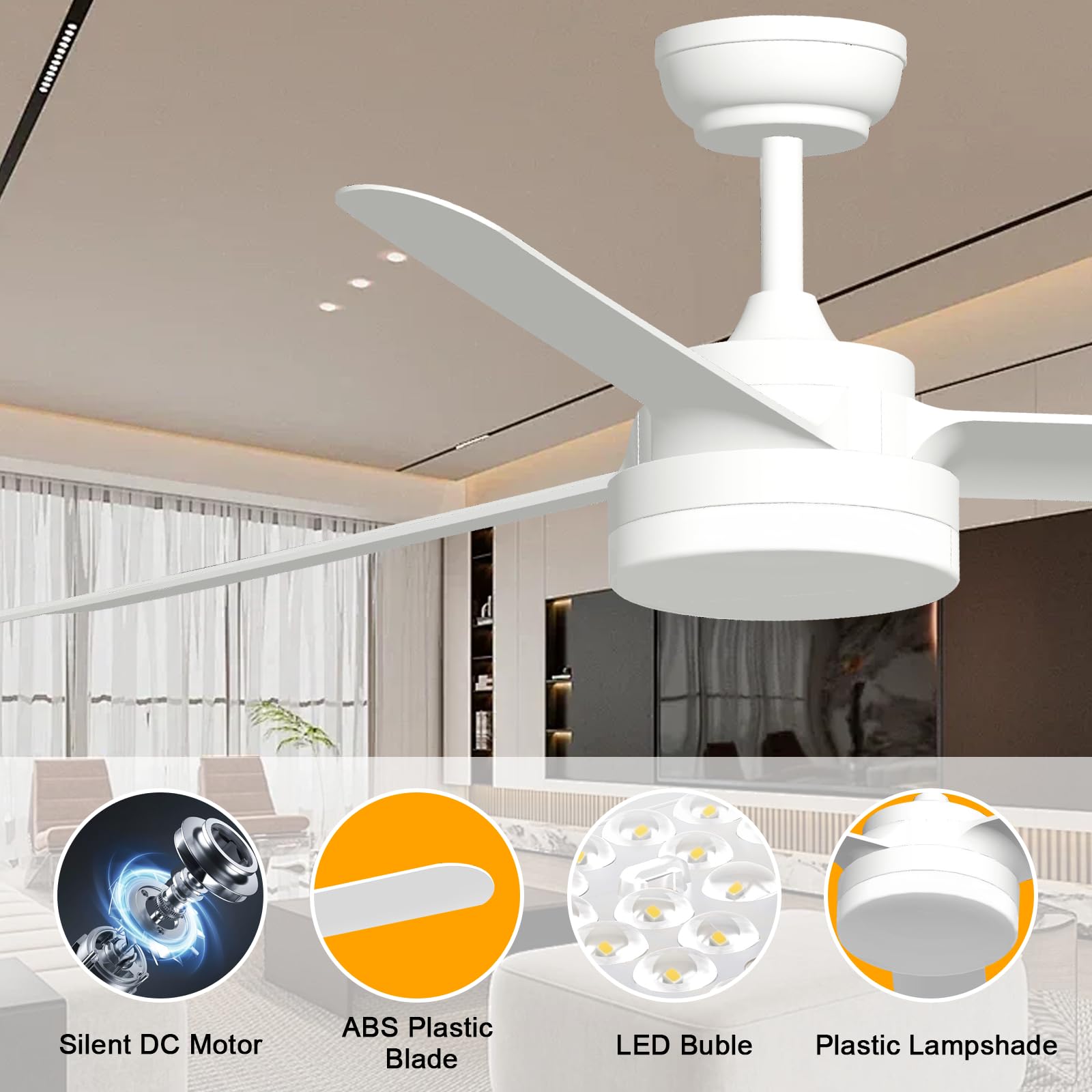 TODEHI 60 Inch Ceiling Fan with Light and Remote Control - 152cm Silent Reversible DC Motor, 3 Speed Settings & 1-8 Hour Timer - Perfect for Bedroom, Living Room, Study, and Patio (Indoor/Outdoor Use)