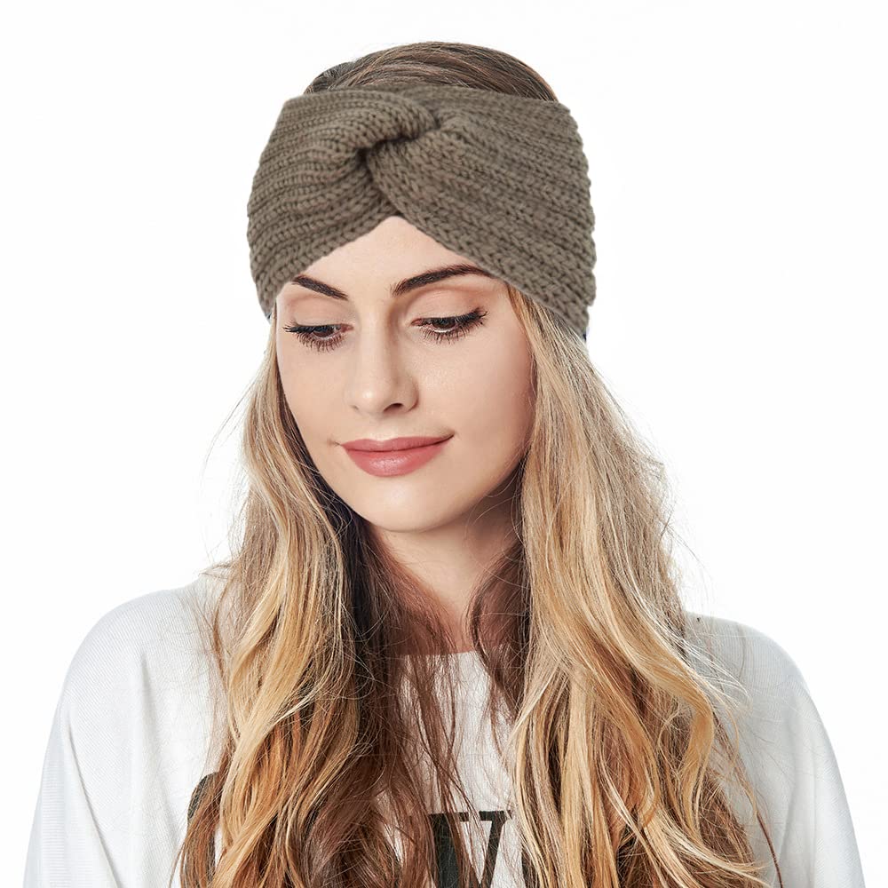 2Pcs Women's Stretchy Knitted Headbands - Winter Ear Warmers & Braided Crochet Head Wraps (Beige+Khaki) | Soft & Warm Hair Accessories for Outdoor Activities, Yoga, Running & Winter Sports