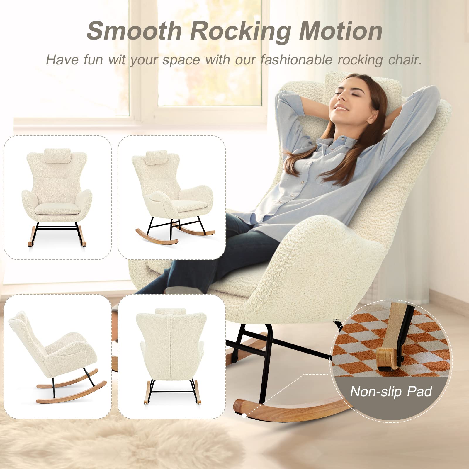 **Comfortable Teddy Upholstered Rocking Chair for Nursery & Bedroom – High Backrest, Padded Seat & Headrest – Perfect for Nursing, Reading & Relaxing – Ideal Baby Rocker for Cozy Spaces**