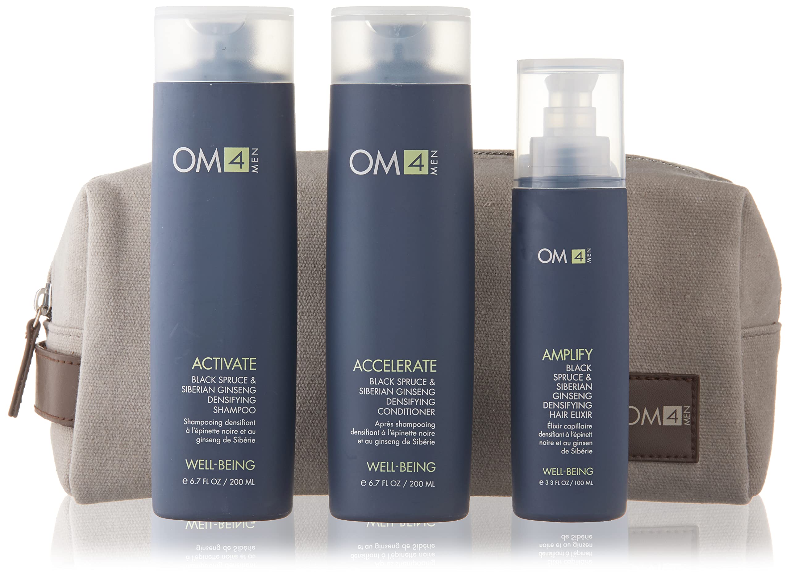 OM4 Hair Care Trio & Travel Bag for Men - Invigorating Shampoo, Conditioner & Hair Elixir Kit for Healthy Hair & Scalp | Perfect for Travel, Gym & Daily Hair Care Routine