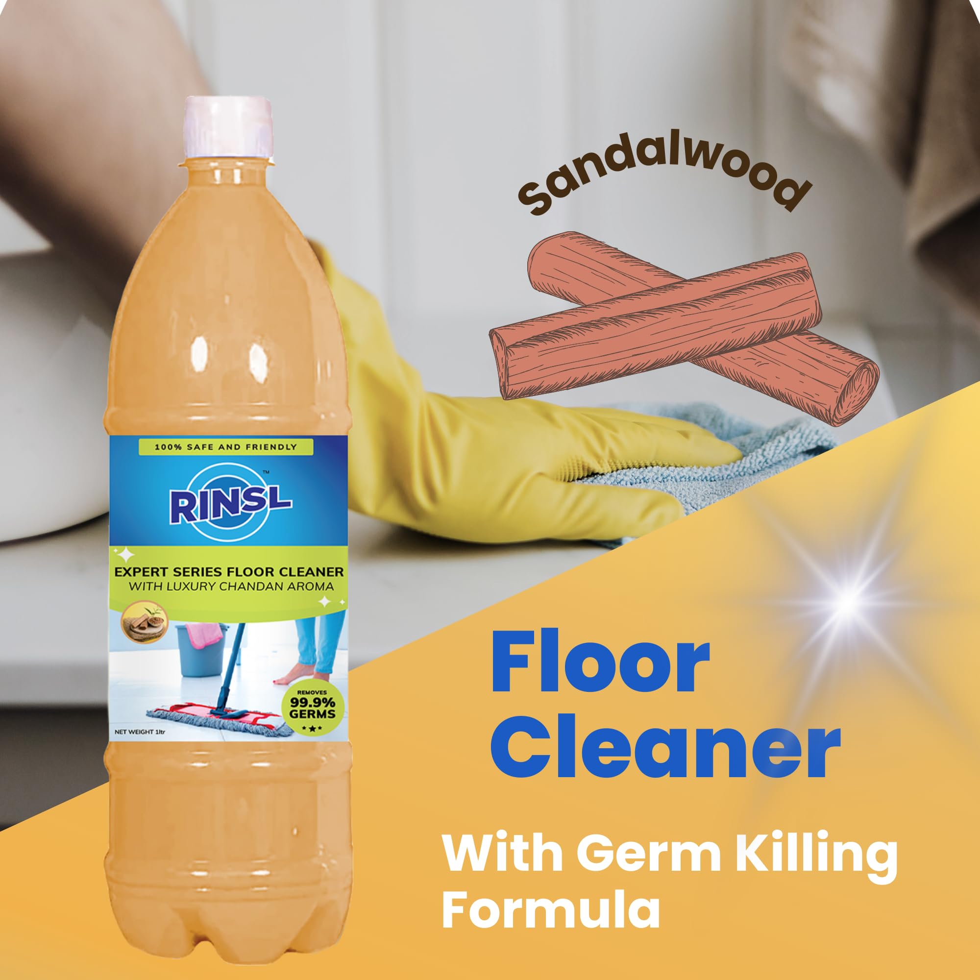 Rinsl Luxury Chandan Floor Cleaner - 2 Liters (Pack of 2) | Natural Scent, Deep Cleaning | Perfect for Hardwood, Tile & Marble Floors