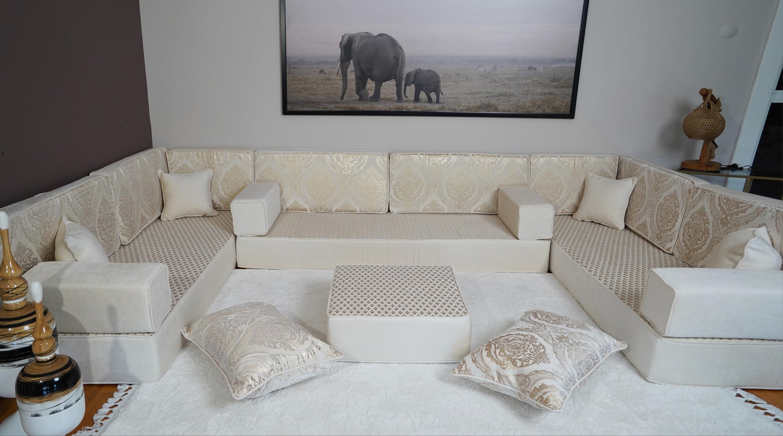 Arabic Diwan Sofa Set with Ottoman & Pillows - 8'' Thick Moroccan Style U-Shaped Sectional Sofa | Royal White Turkish Hookah Bench Cushions for Outdoor Lounge & Living Room Decor