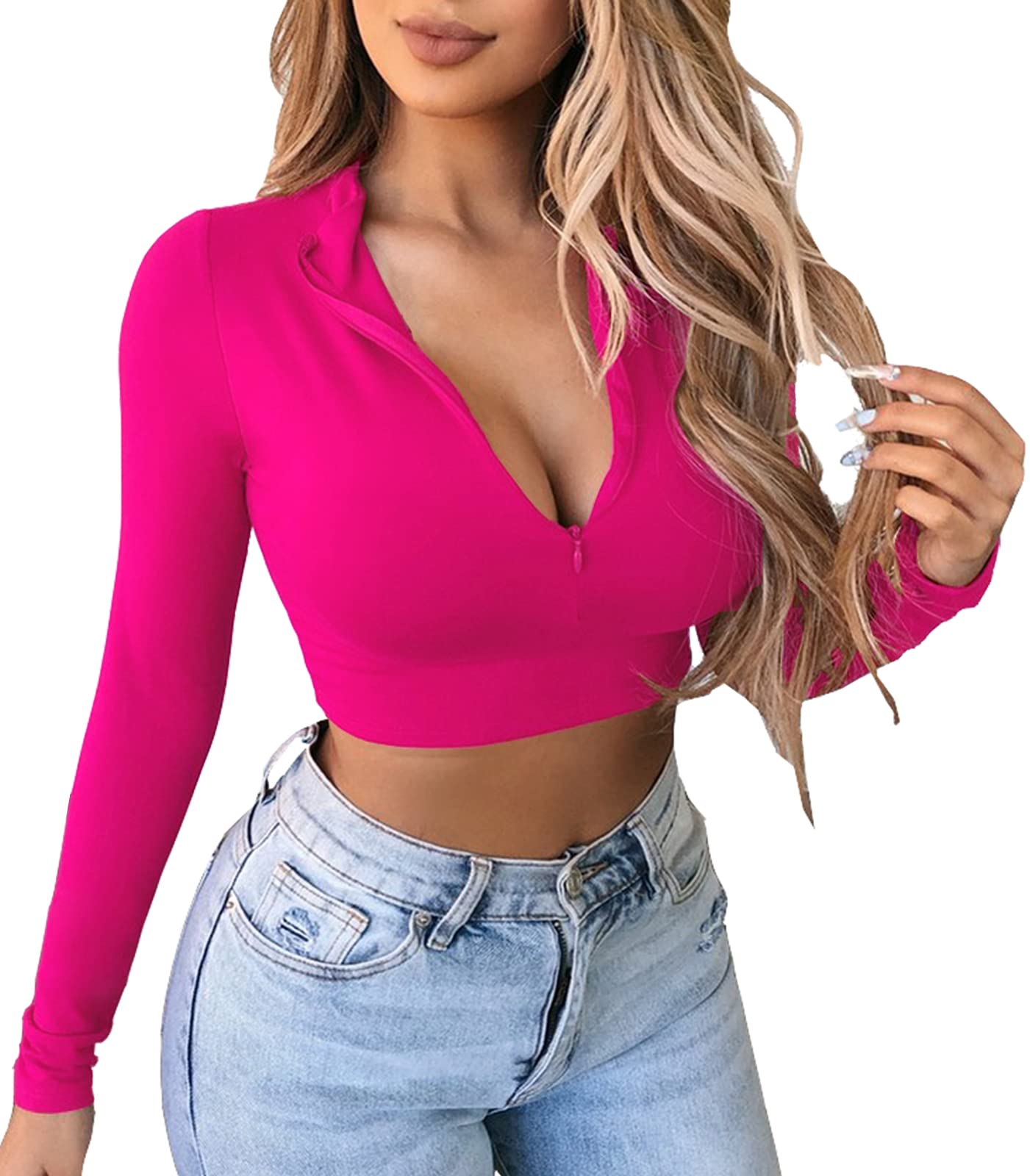 Artfish Women's Long Sleeve Quarter Zip Fleece Lined Crop Top - Soft V-Neck Fitted Shirt for Winter, Yoga, Running & Casual Outfits