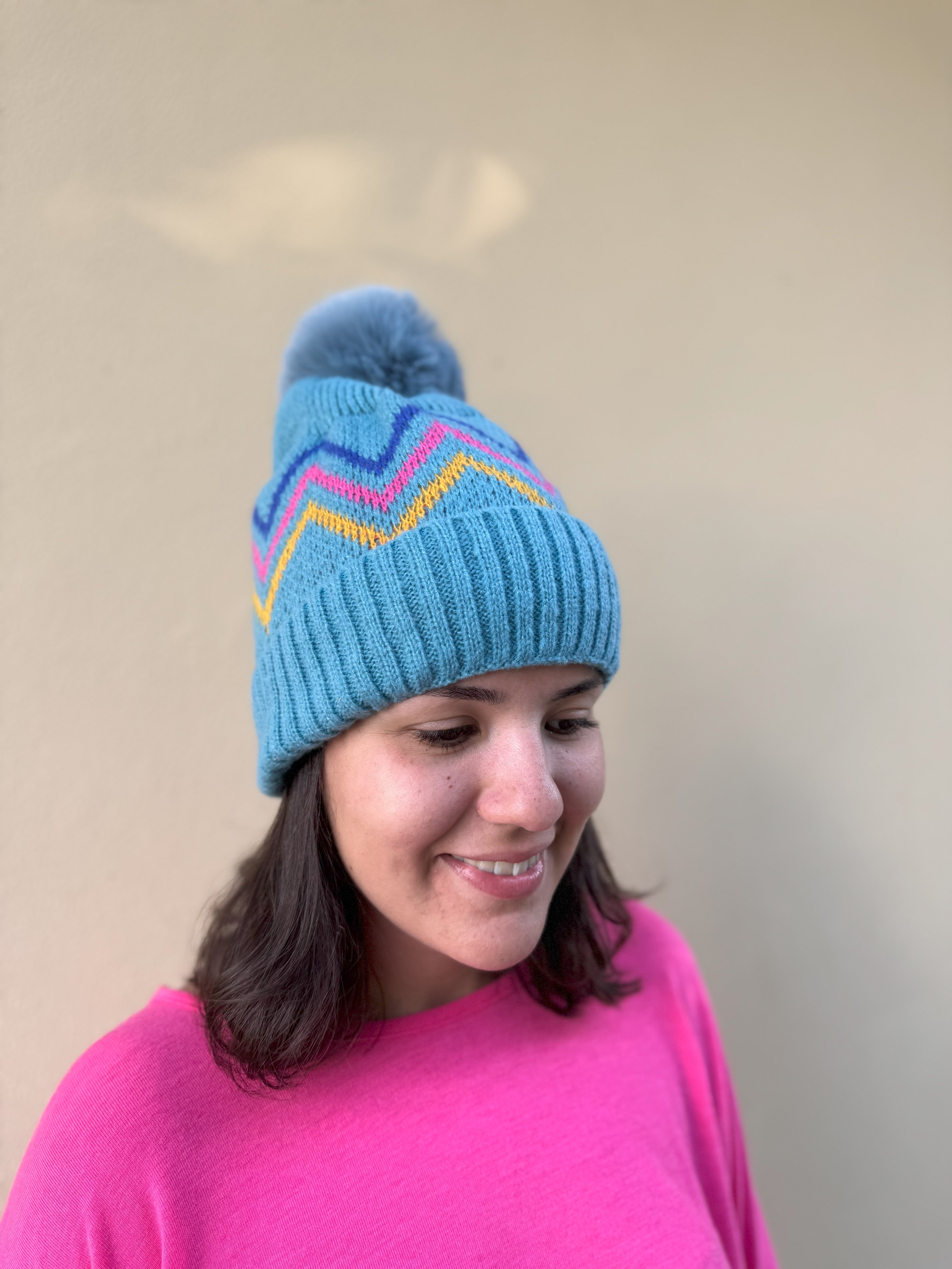 Blue Zig Zag Beanie Hat - Trendy Winter Knit Cap for Men & Women - Perfect for Skiing, Snowboarding & Cold Weather Fashion