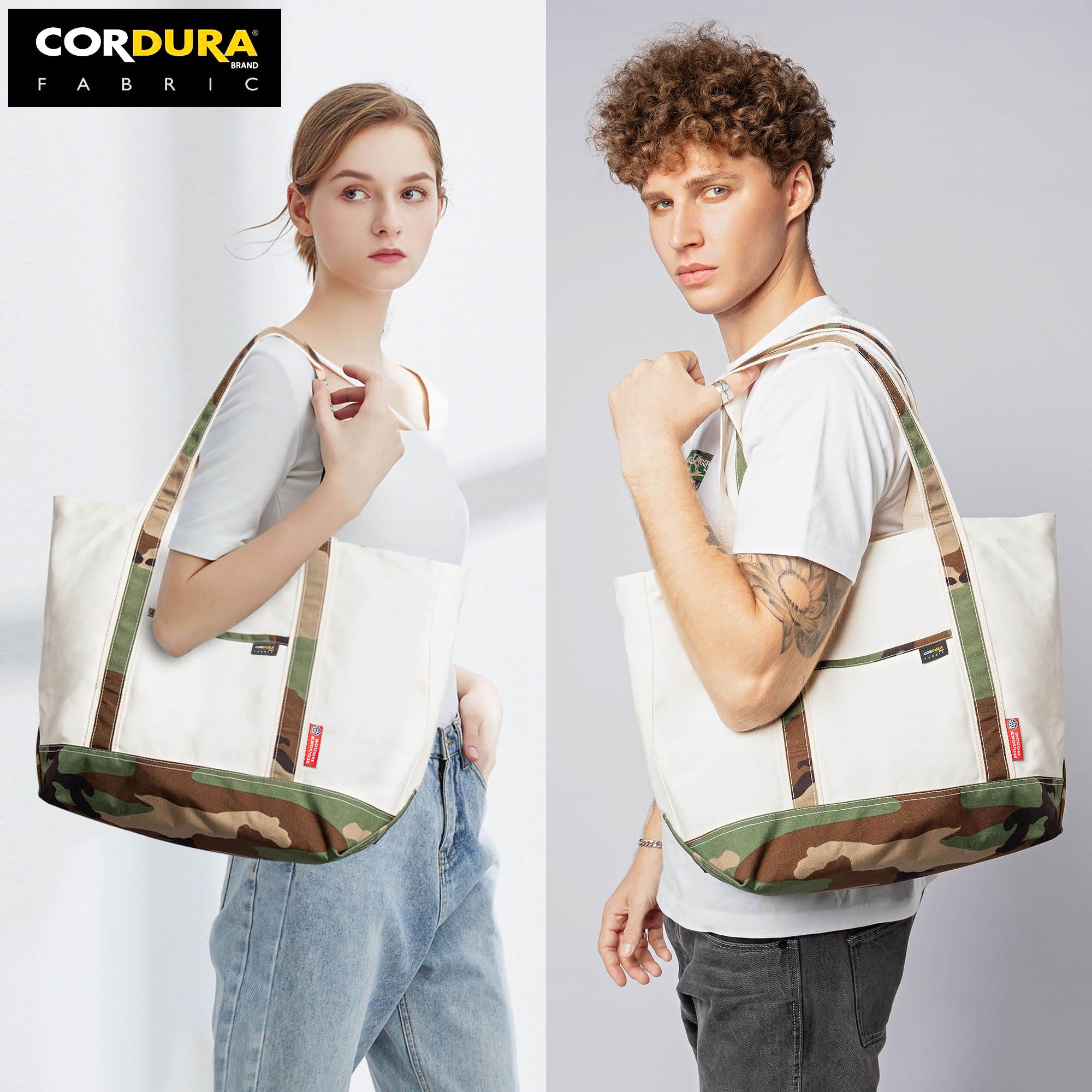 Large Canvas Tote Bag with Pockets & Magnetic Closure - 30L Blank Beige Camo - Durable Work, Book, Travel & Gym Bag for Women & Men | Perfect for Office Commute, Beach Trips & Shopping