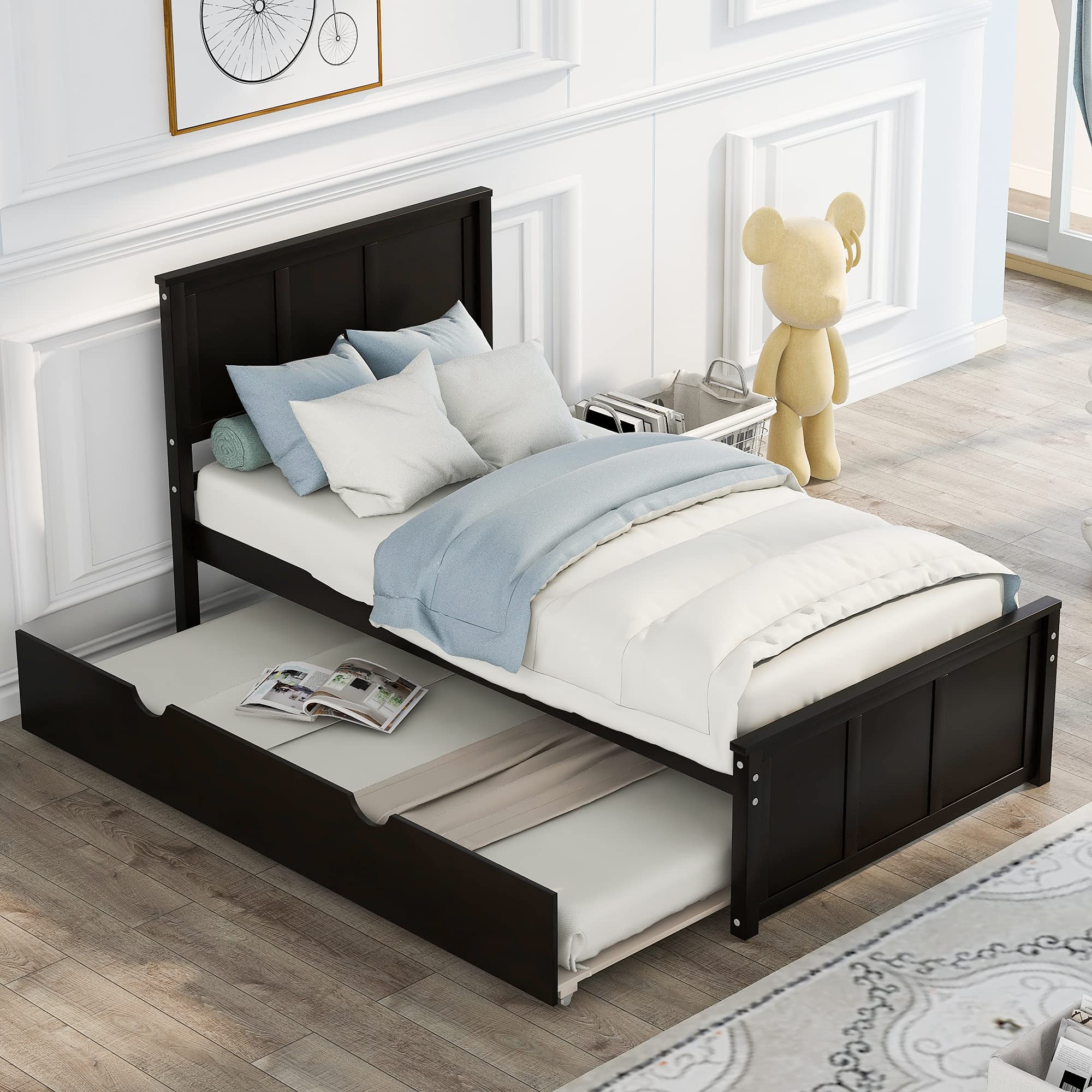 **XIONGGG Twin Size Wood Platform Bed with Trundle & Headboard - Solid Wood Slats Support for Girls, Boys, Teens & Adults - Espresso Finish - Perfect for Kids' Rooms, Guest Beds & Small Spaces**