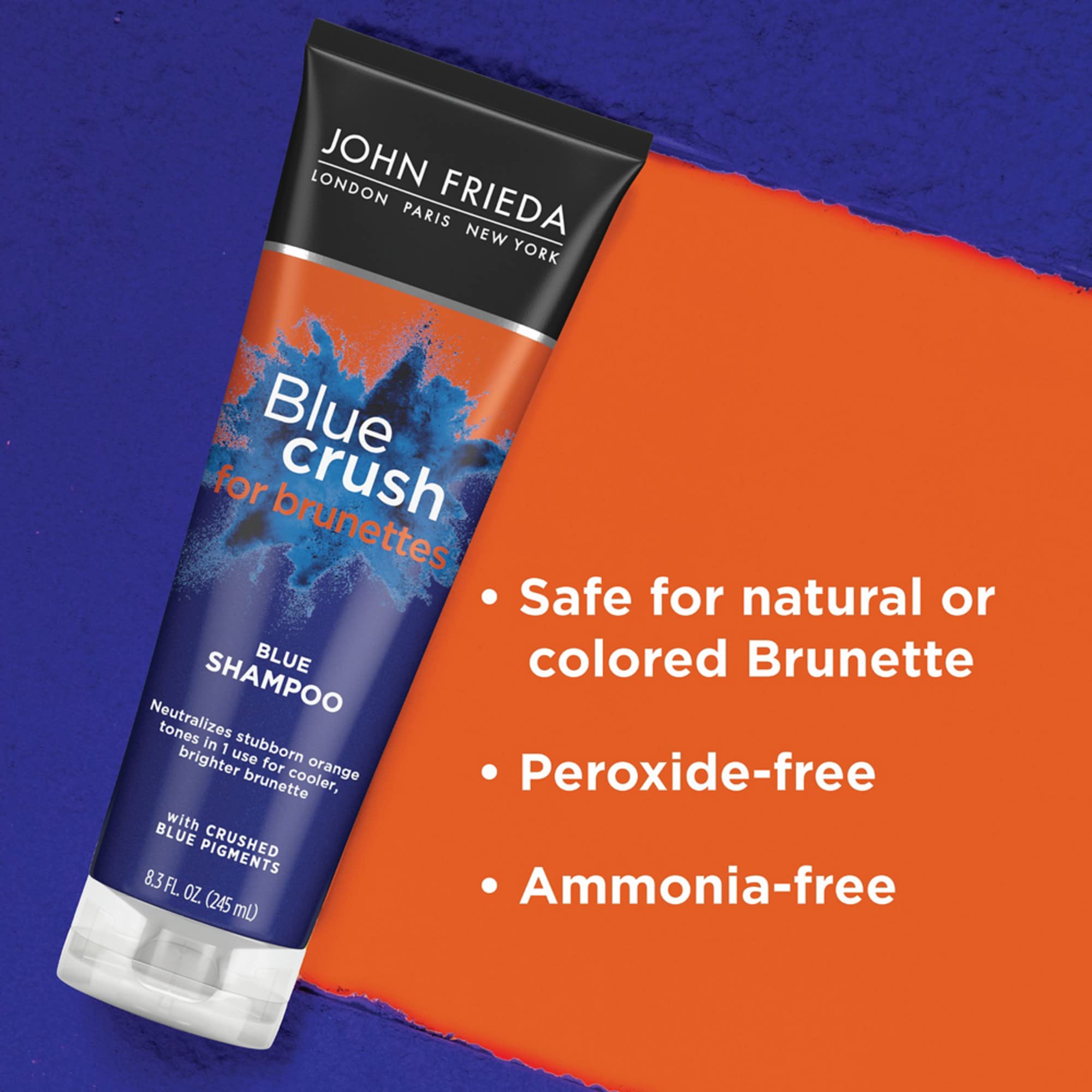 John Frieda Blue Crush Shampoo & Conditioner Set for Brunettes - Neutralizes Brassy Tones, 8.3 Fl Oz (Pack of 2) - Perfect for Color-Treated Hair at Home or Salon Use