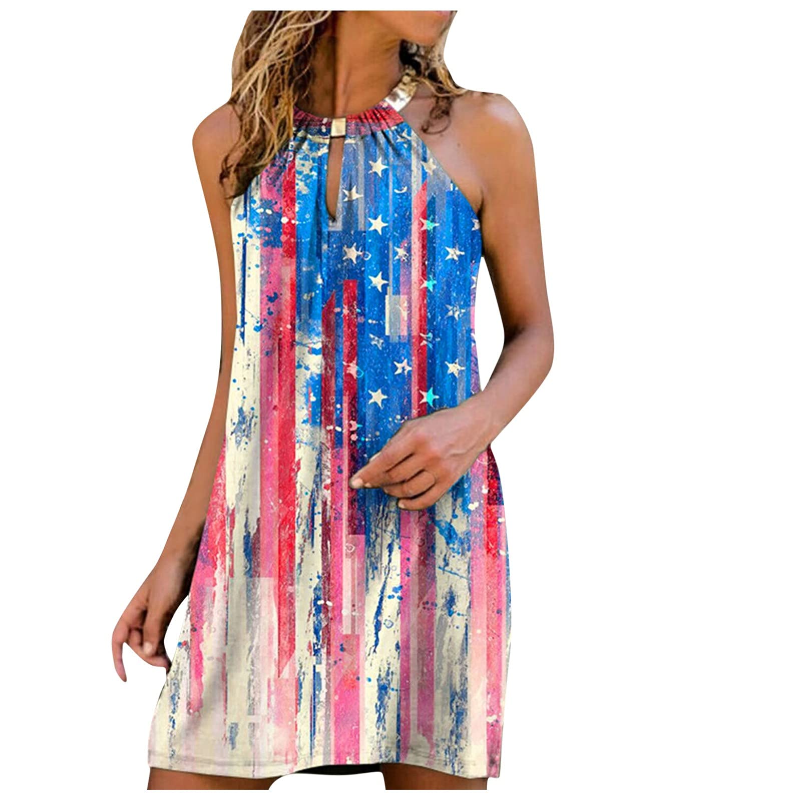 Lingding Women's Summer Casual Strapless Printed Dress - Fashion Beach T-Shirt with Metal Hanging Neck Design | Perfect for Beach Vacations, Pool Parties & Summer Outings
