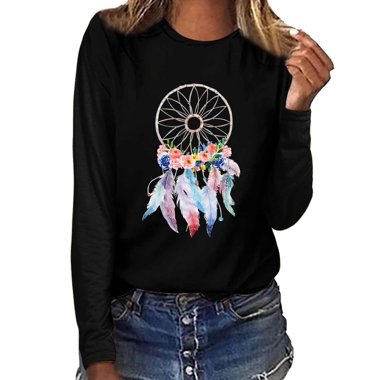 Women's Floral Printed Turtleneck Long Sleeve Loose Casual T-Shirt - Elegant O-Neck Top for Everyday Wear, Office & Date Nights