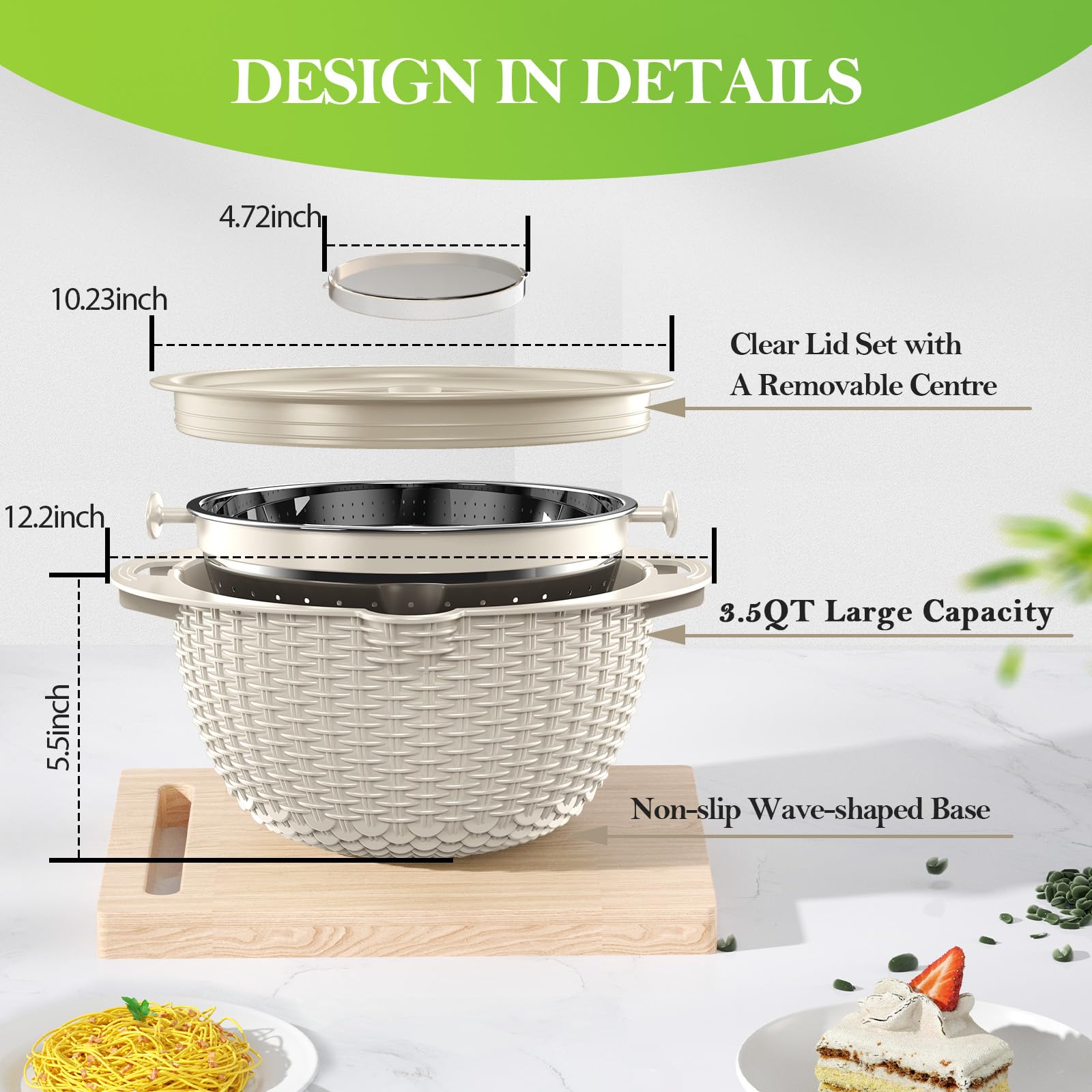Rotatable 4-in-1 Colander with Bowl Set - Kitchen Strainer for Washing Fruits & Vegetables, Durable Food Colander - Perfect for Meal Prep, Salad Making & Healthy Cooking - Aesthetic Beige Kitchen Gadget Gift for Women