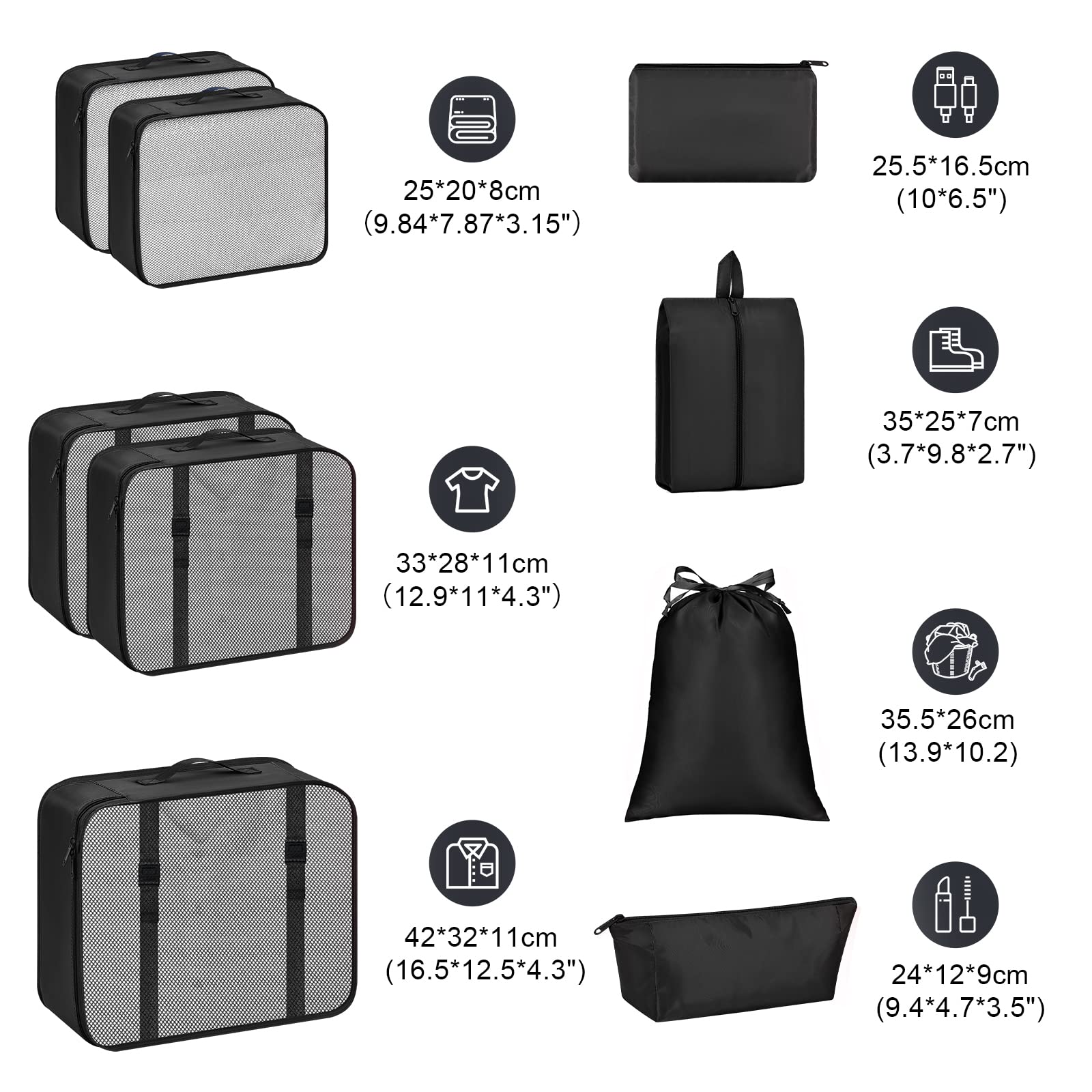 DIMJ 9-Piece Packing Cubes Set for Travel - Lightweight Luggage Organizers with Mesh Panels for Suitcase Storage (Perfect for Business Trips, Vacations & Weekend Getaways)