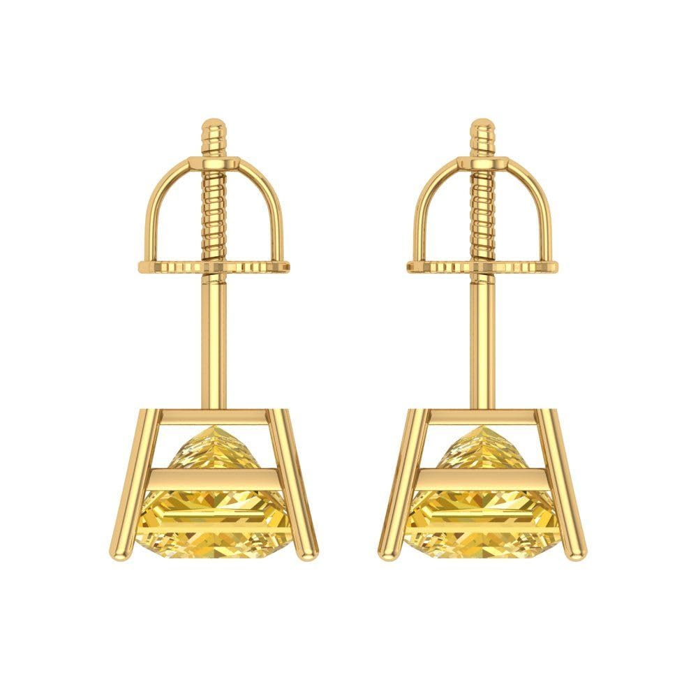 4.0ct Princess Cut VVS1 Yellow Simulated Diamond Earrings - 18K Gold Screw Back for Party & Wedding