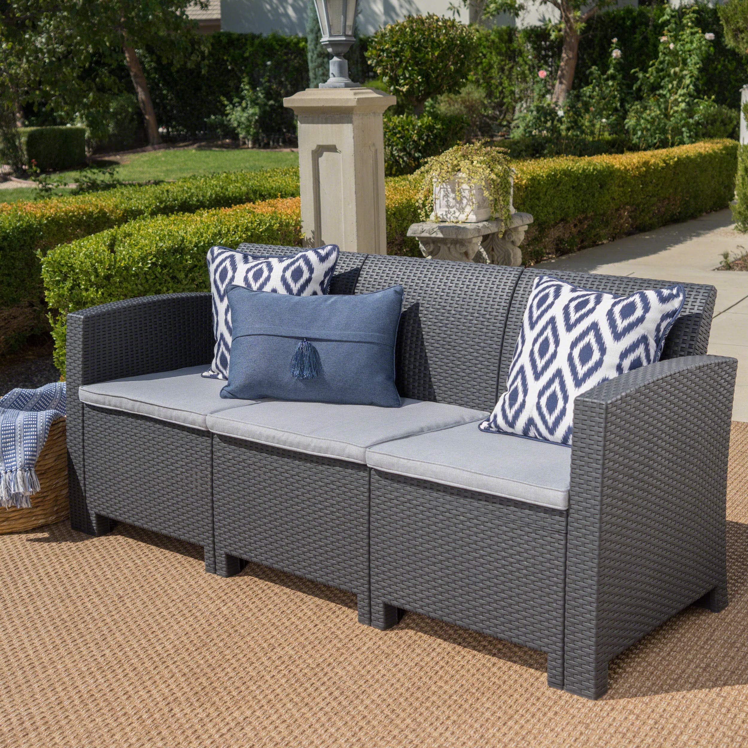 Christopher Knight Home St. Lucia Outdoor 3-Seater Faux Wicker Rattan Style Sofa with Water-Resistant Cushions in Charcoal & Light Grey - Perfect for Patio, Garden, Poolside, and Backyard Relaxation