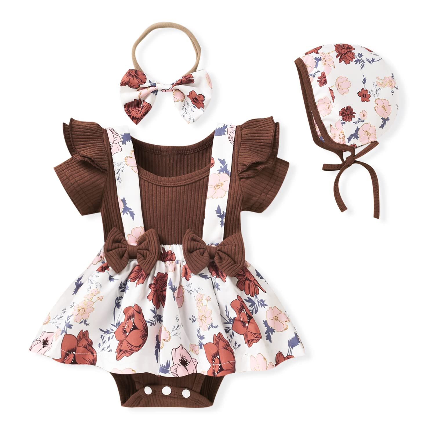 Preemie Newborn Baby Girl Outfits - Soft Cotton Ribbed Romper Floral Suspender Dress Set with Sun Hat & Headband | Spring Summer Baby Clothes for Photoshoot, Party & Outdoor Activities