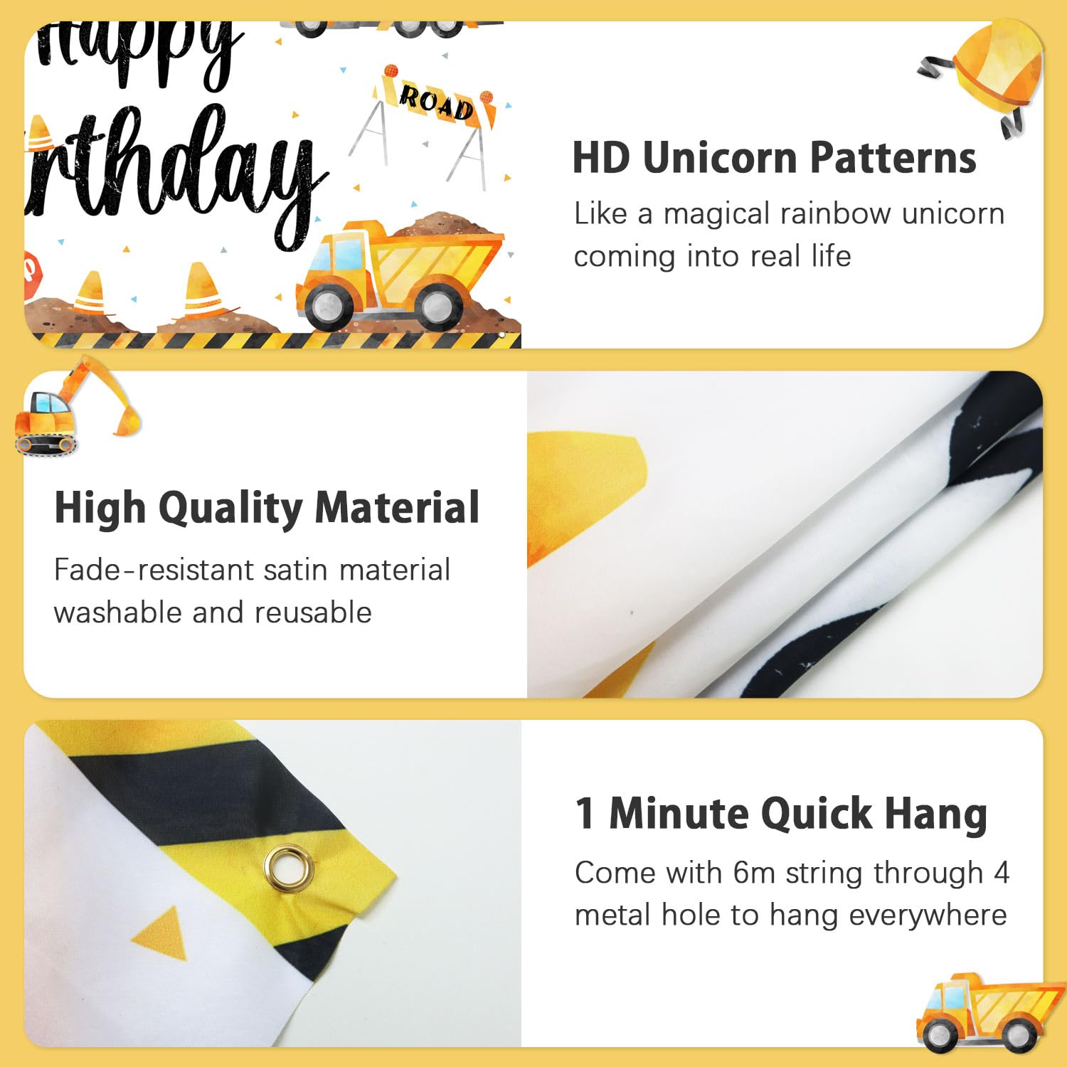 3 x 5Ft Construction Themed Birthday Party Backdrop Banner - Heavy Duty Vinyl Decor for Boys Construction Party, Kids Birthday, Baby Shower & Construction Site Photo Booth Background