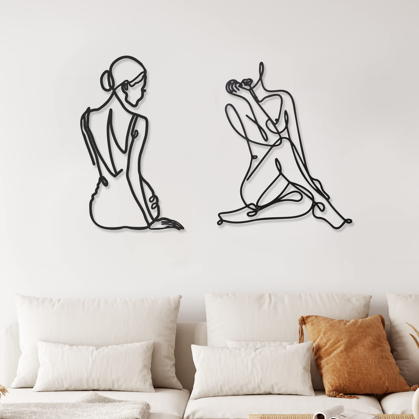 2 Pcs Minimalist Metal Wall Art - Abstract Single Line Woman Silhouette Decor for Bedroom, Living Room, Kitchen & Bathroom | Modern Home Decor for Housewarming, Wedding Gift & Apartment Aesthetic (Elegant Style)