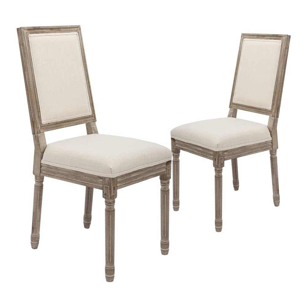 Farmhouse Dining Chairs Set of 2 - Distressed Square Back Accent Chairs for Kitchen, Bedroom & Living Room - Beige Fabric Upholstered Side Chairs for Home Decor