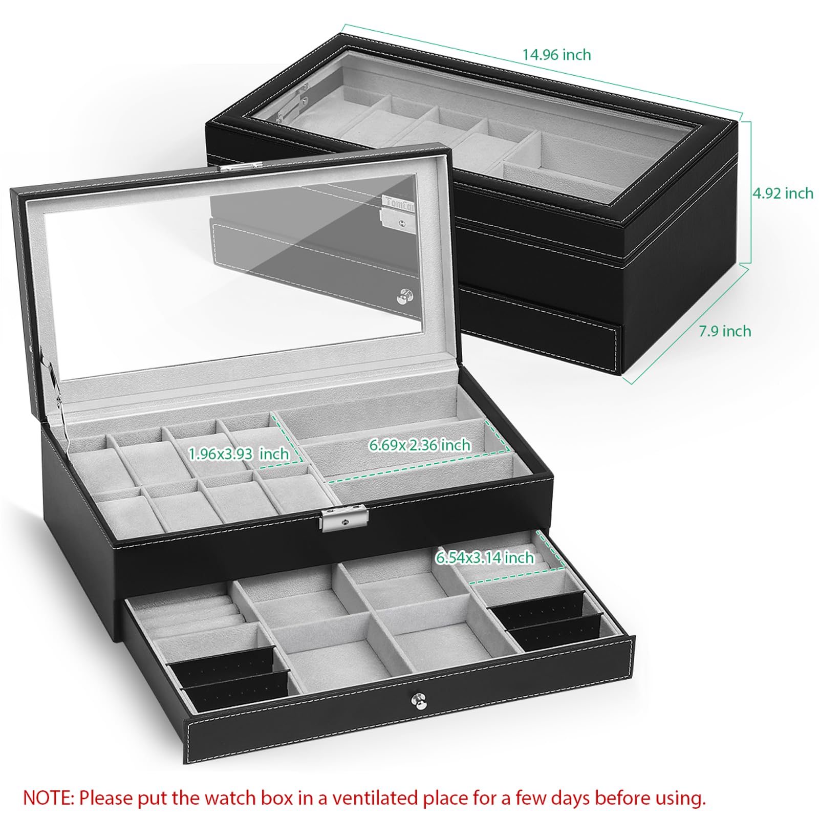 TomCare Luxury Watch Box - 12 Slot Watch Case Organizer with Glass Top & Soft Interior for Men & Women - Perfect for Jewelry Storage, Watch Collection Display, and Travel
