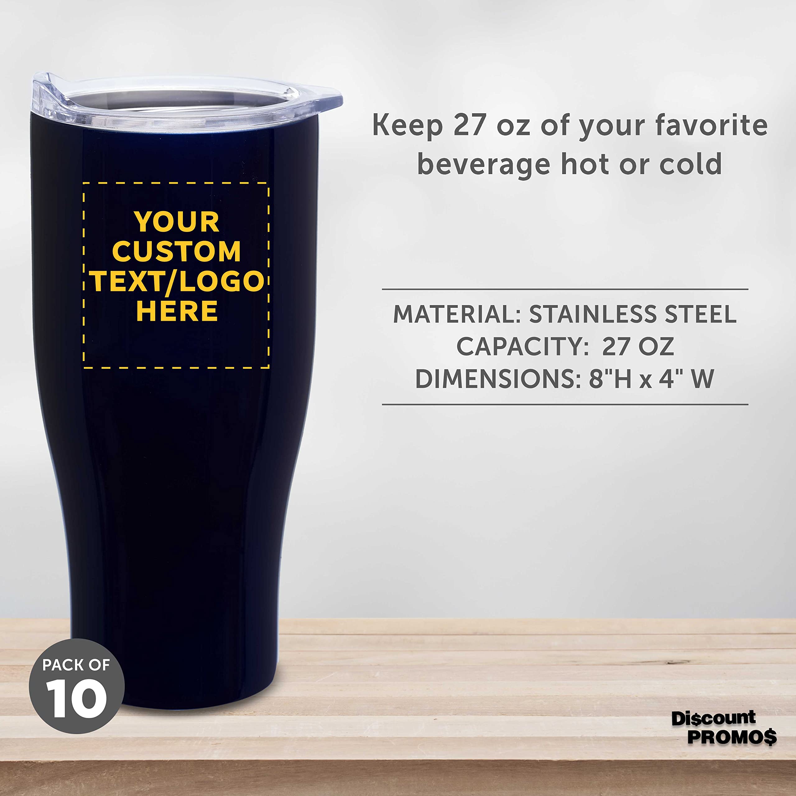 10 Pack Stainless Steel Vacuum Insulated Travel Mugs - 27oz Customizable Text & Logo - BPA-Free Plastic Lid - Blue - Perfect for Coffee, Tea & Hot Beverages on the Go - Office, Camping, Commuting Gift Idea