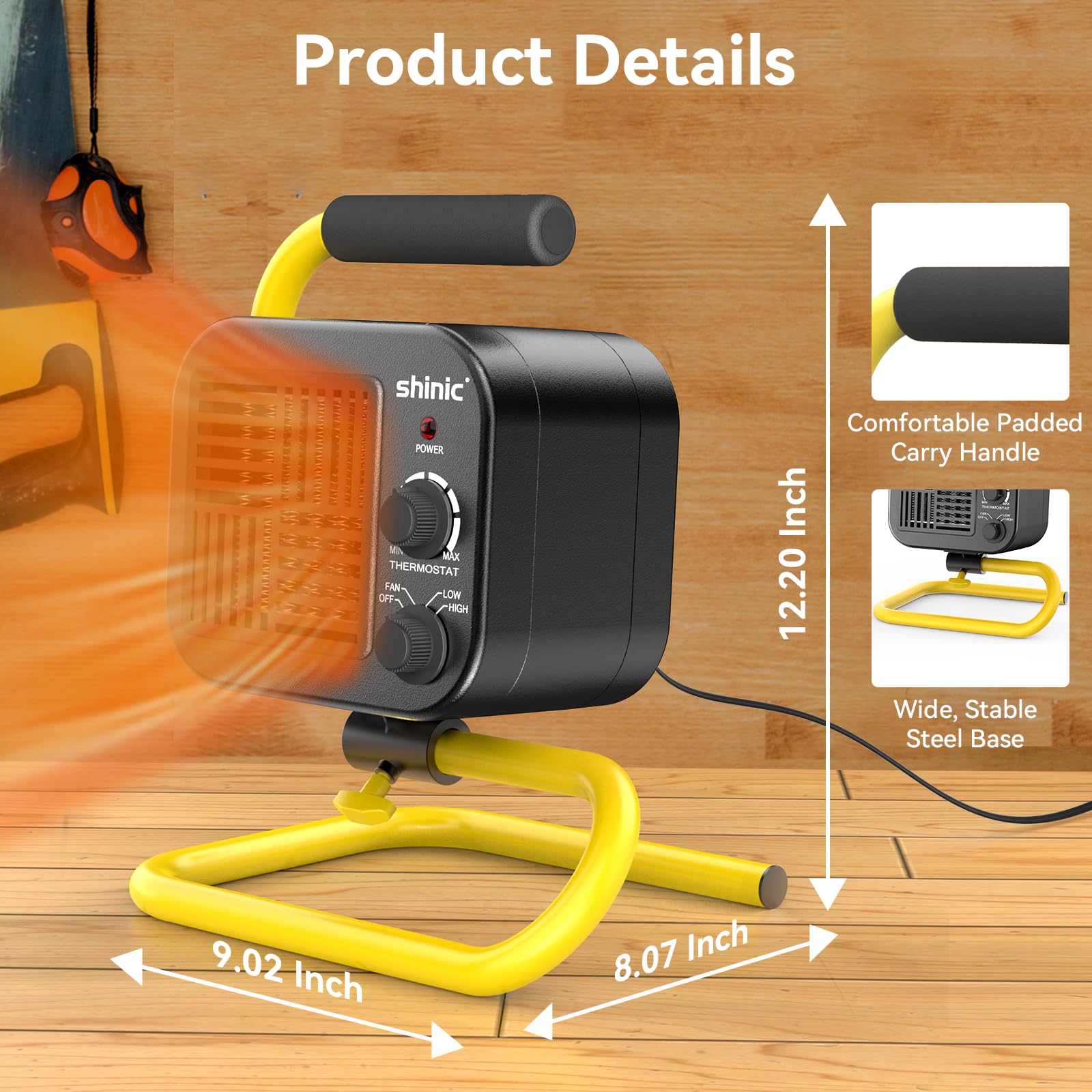 Shinic 1500W Portable Garage Heater for Indoor Use - Metal Space Heater with Adjustable Thermostat, Pivoting Head & Stable Tubular Stand - Perfect for Workshops, Greenhouses & Home Garages - Fast Heating with Safety Features