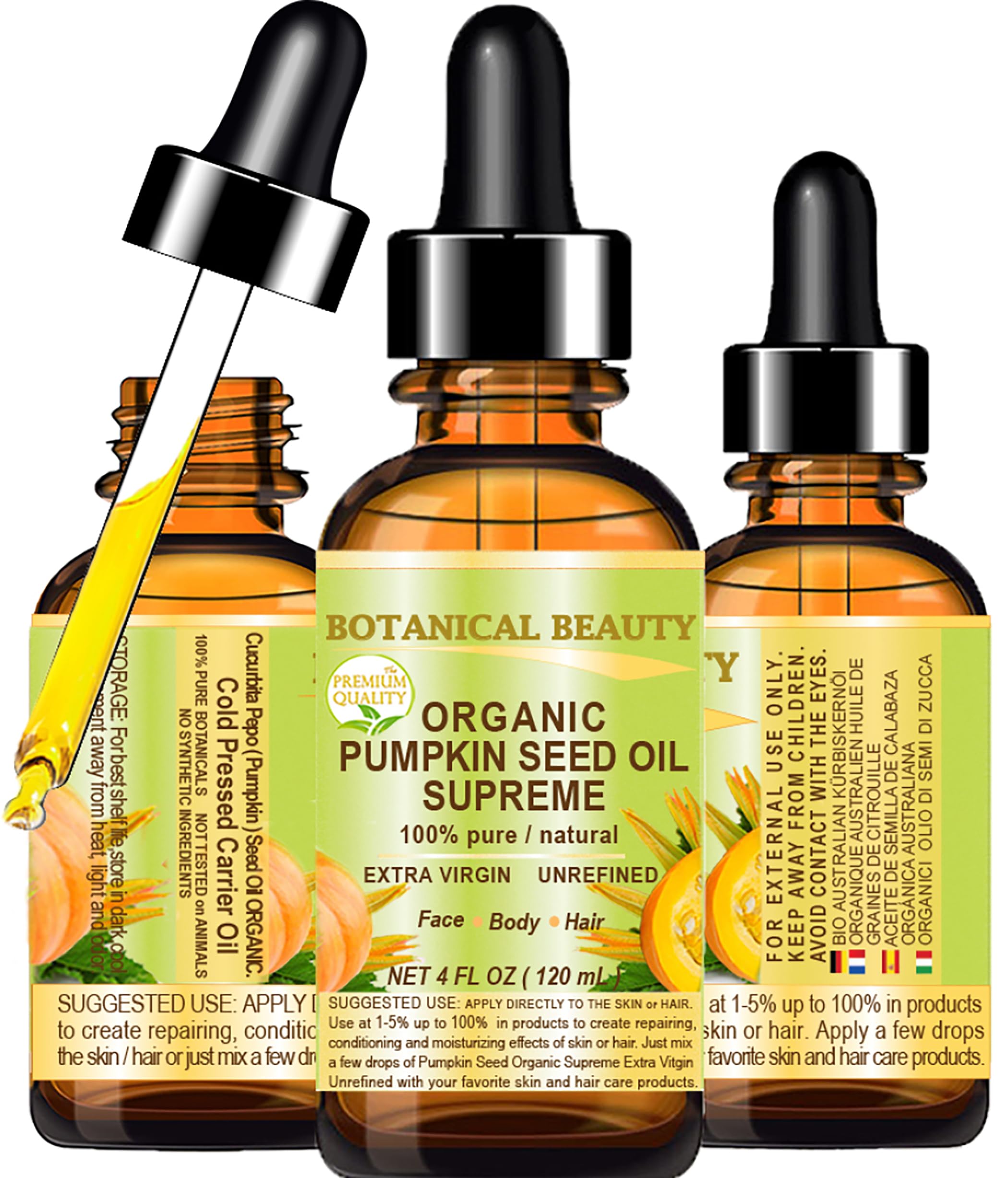 Organic Pumpkin Seed Oil 100% Pure Extra Virgin Unrefined Cold Pressed - Natural Carrier Oil for Skin, Hair & Nail Care - 4 Fl Oz (120ml) - Perfect for DIY Beauty Recipes, Massage & Aromatherapy