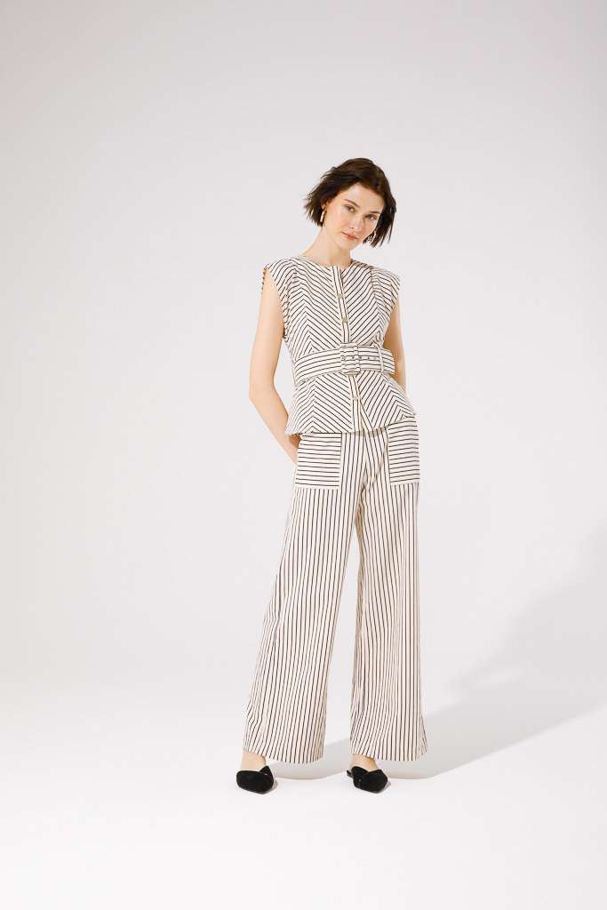 Jambo Belted Top for Women - Beige & Black Striped Tunic Blouse - Casual & Office Wear, Perfect for Work, Outings & Layering