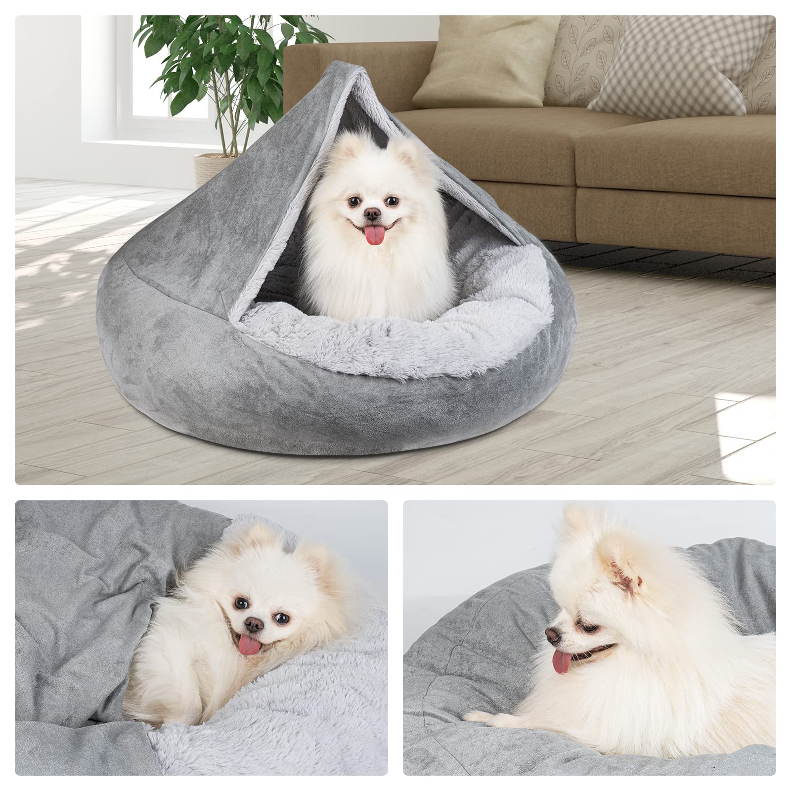 MICOOYO Medium Donut Dog Bed with Hooded Blanket - Washable Round Cuddler Pet Bed for Small to Medium Dogs & Cats (27 Inch, Grey) - Perfect for Indoor Lounging, Crate Comfort & Cozy Napping