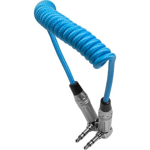 Kondor Blue Coiled 3.5mm TRS Stereo Audio Cable - Right Angle Connector (12ft/24ft) for Studio Headphones, Podcasting & Music Production