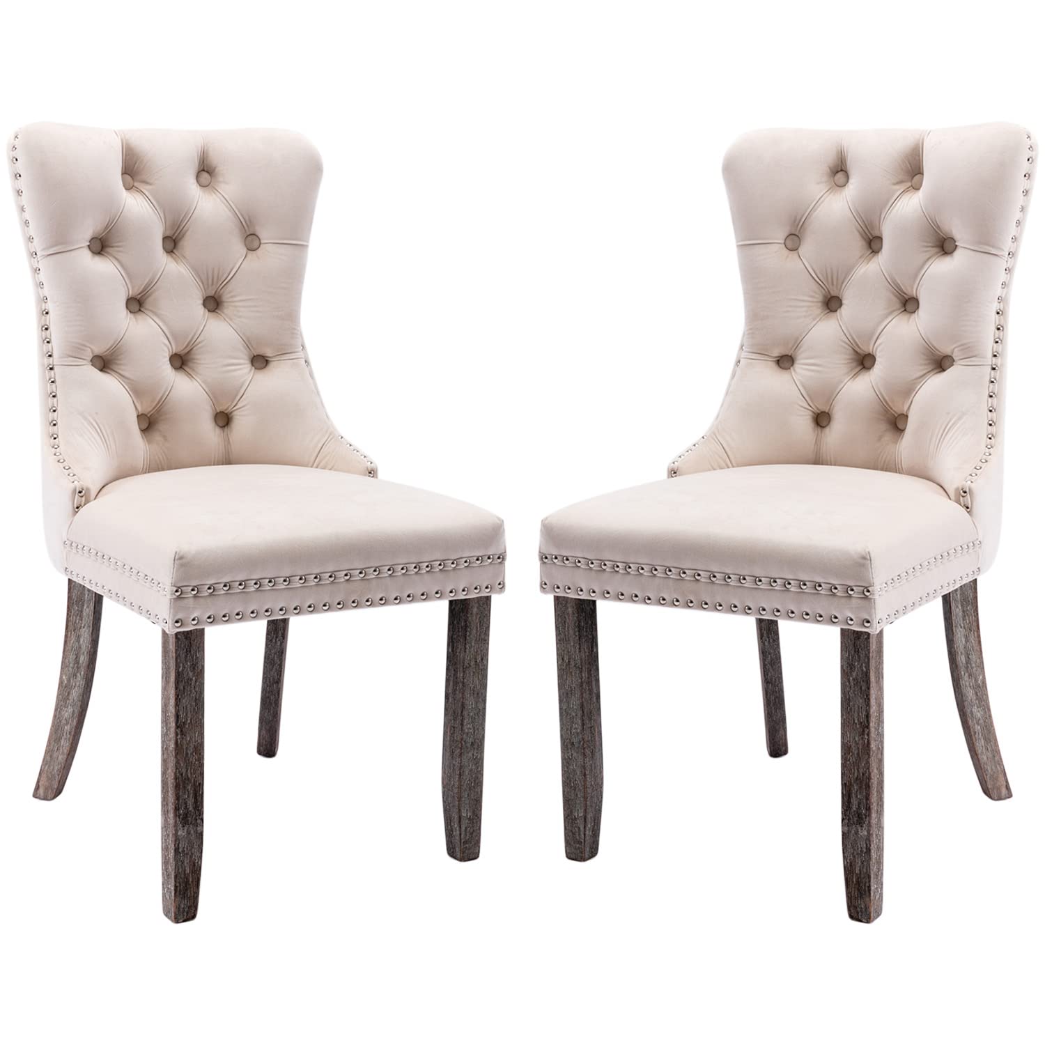 Luxury Velvet Dining Chairs Set of 2 - Tufted Button Back Upholstered Chairs with Elegant Nailhead Trim - Perfect for Kitchen, Dining Room, Bedroom or Restaurant Decor (Beige) - Ideal for Home Entertaining, Wedding Decor & Cafe Seating