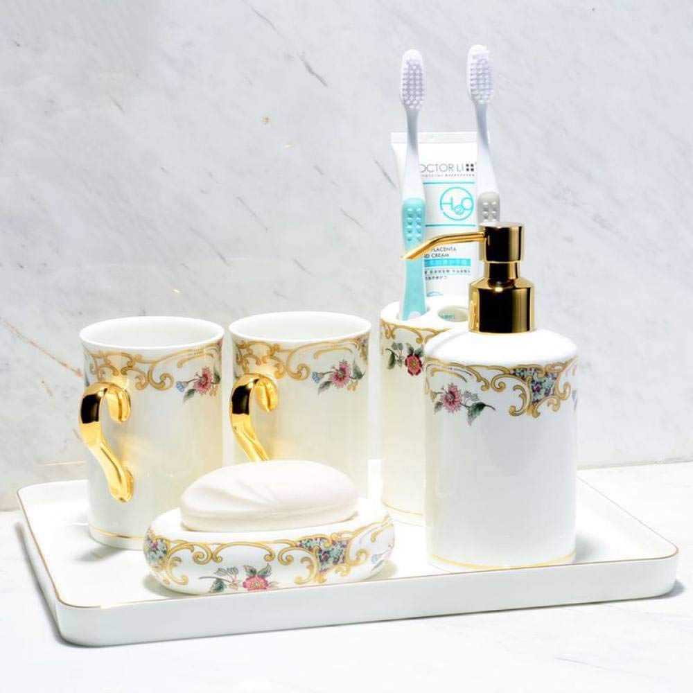 Vintage Ceramic Bathroom Accessories Set - 6 Piece Gold Hook Floral Decor with Soap Dispenser, 2 Cups, Vanity Tray, Toothbrush Holder & Soap Dish - Pink & White Bathroom Vanity Organizer for Home Decor, Housewarming Gift, Spa Style Bathroom Upgrade