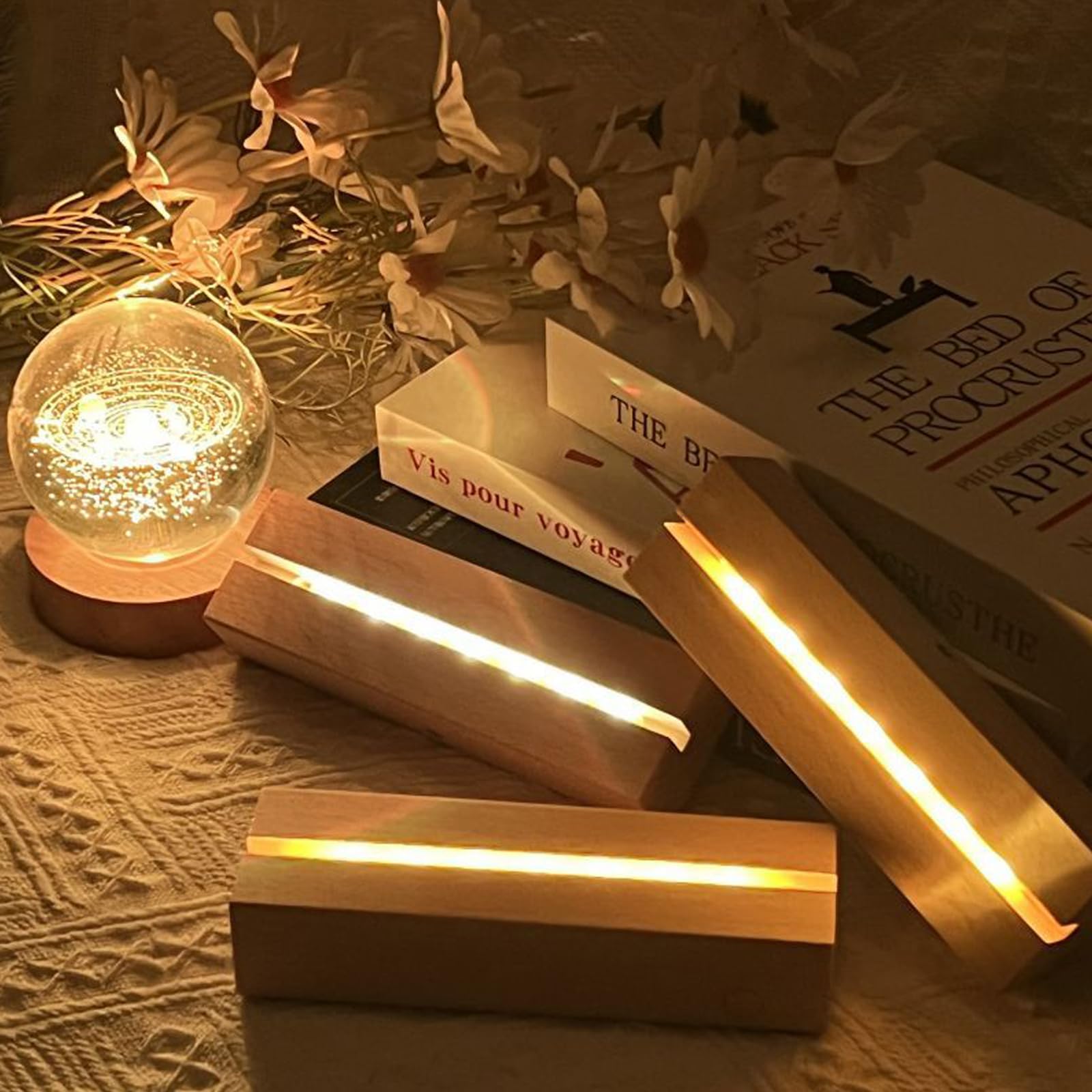 2 Pack 6 Inch Wooden LED Display Pedestal Stand - Rectangle Light Base for Acrylic, Crystal, Glass Resin Art, Night Lights - USB Powered with On/Off Switch (Warm White) - Perfect for Home Decor, Gift Displays & Art Exhibition Lighting